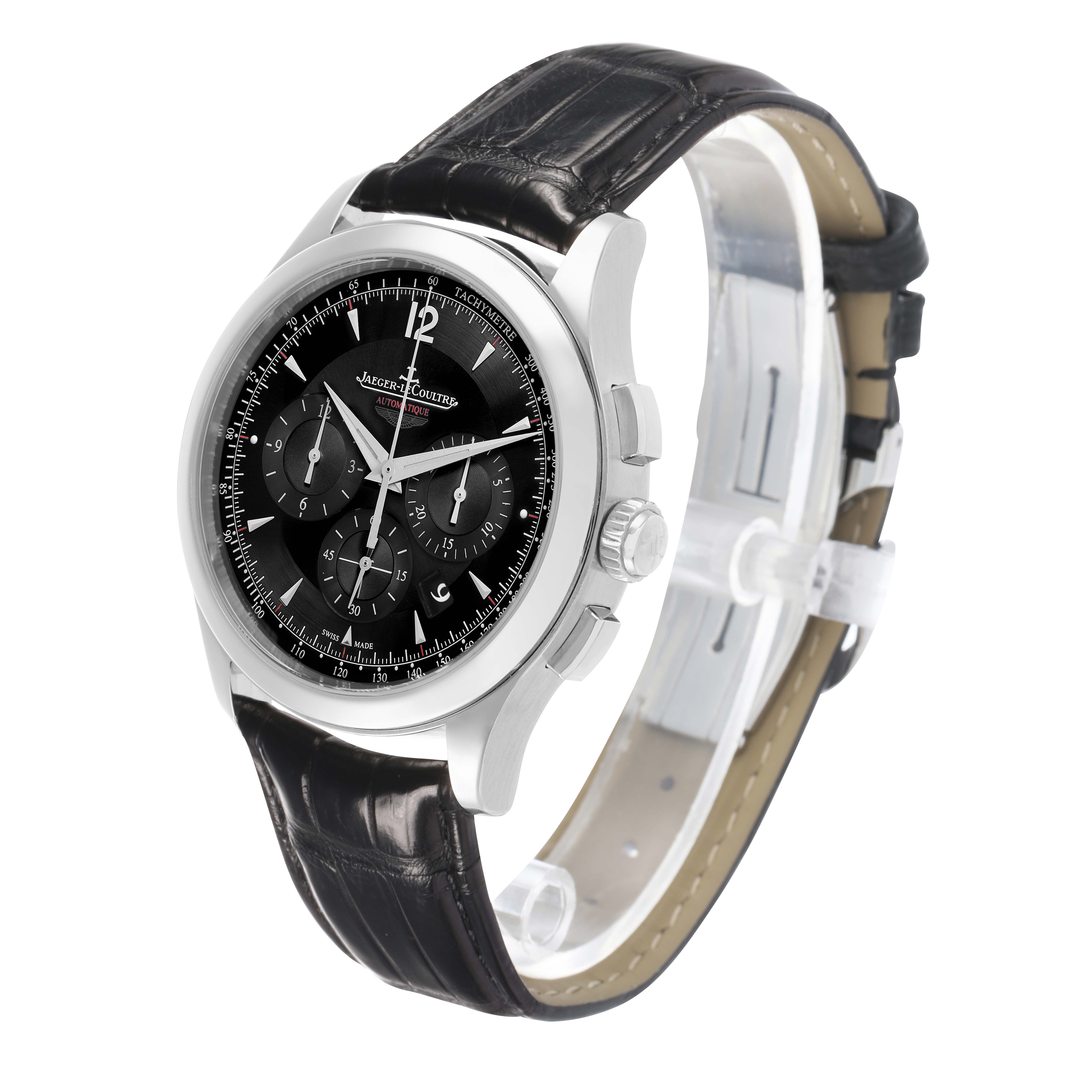 The Jaeger LeCoultre Master Q153847N Men
s Stainless Steel Black Dial model watch is shown at a three-quarter angle, highlighting the dial, bezel, pushers, and strap.