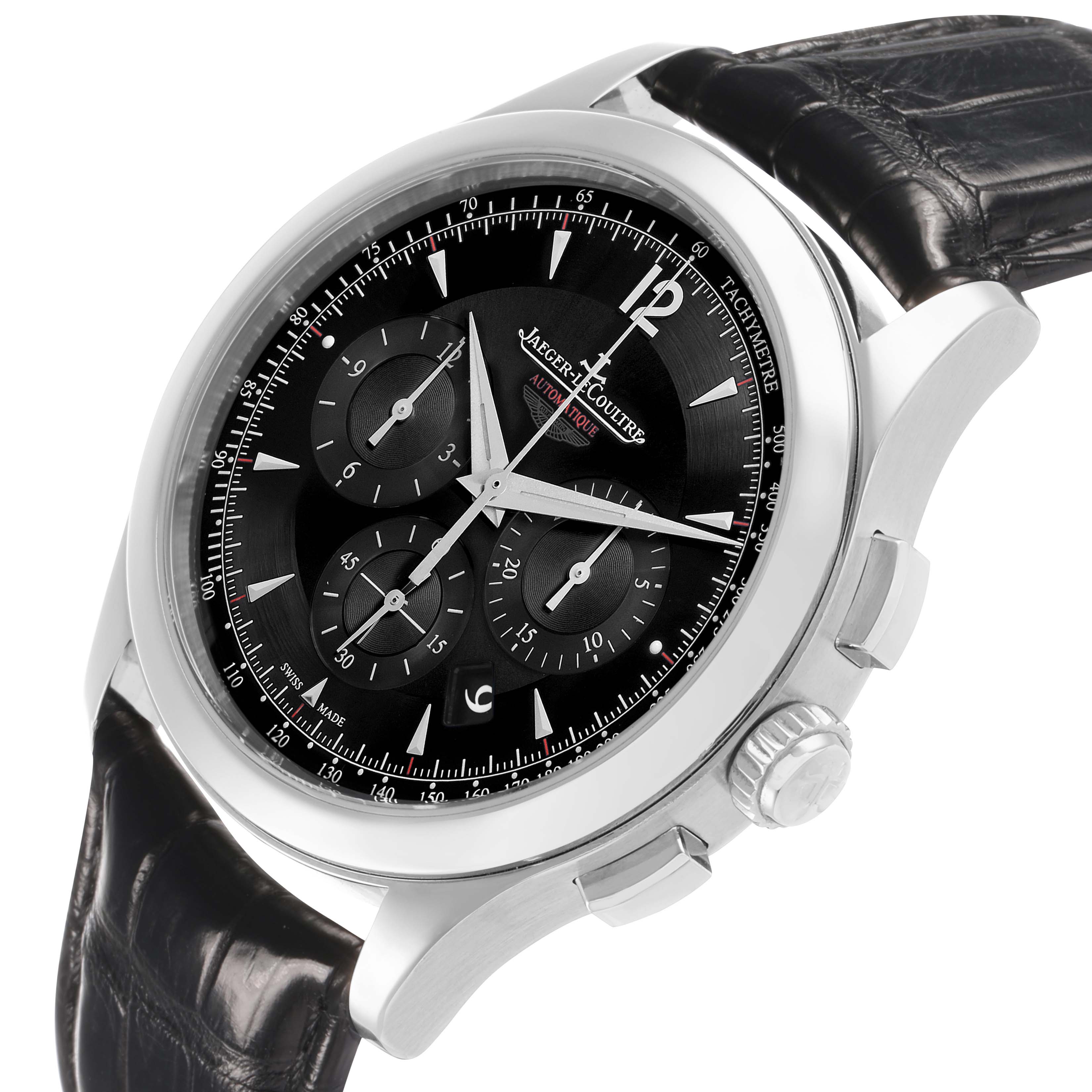 The Jaeger LeCoultre Master Q153847N Men
s Stainless Steel Black Dial watch is shown from a side angle, highlighting the dial, bezel, crown, and pushers with a leather strap.