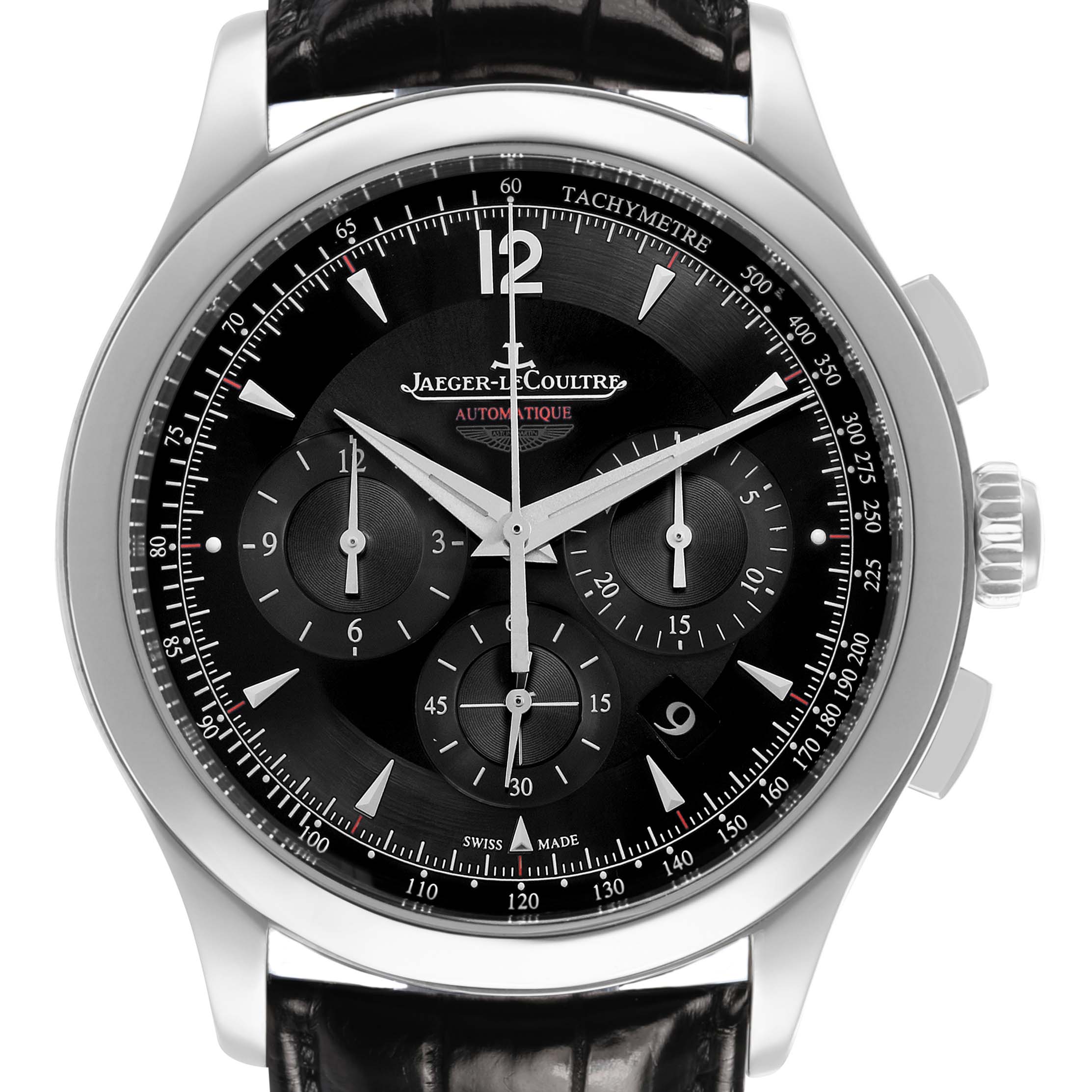 The Jaeger-LeCoultre Master model is shown from the front, highlighting its black dial, chronograph subdials, and tachymeter scale.