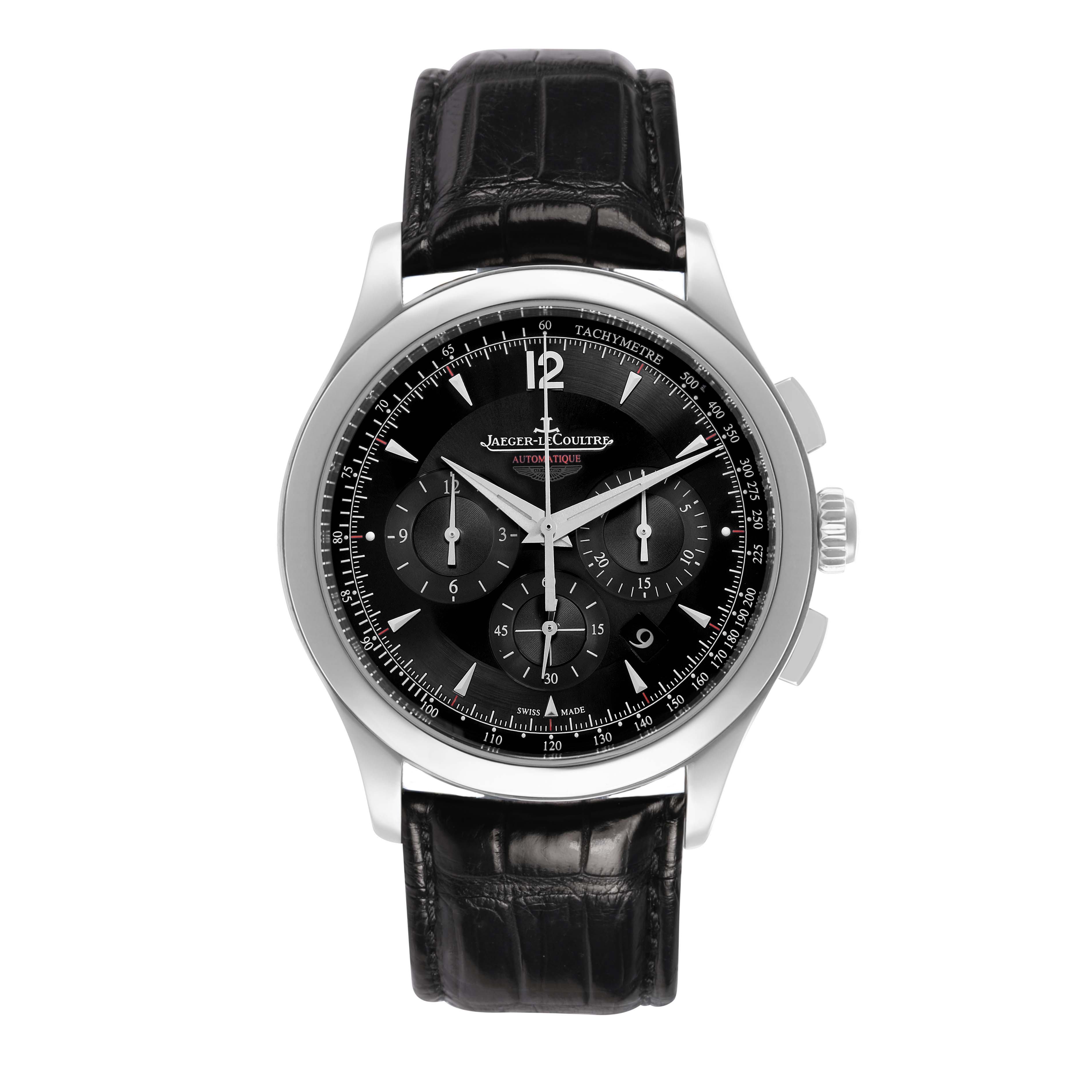 The Jaeger LeCoultre Master Q153847N Men
s Stainless Steel Black Dial model watch is shown from a front angle, displaying the dial, chronograph subdials, and leather strap.