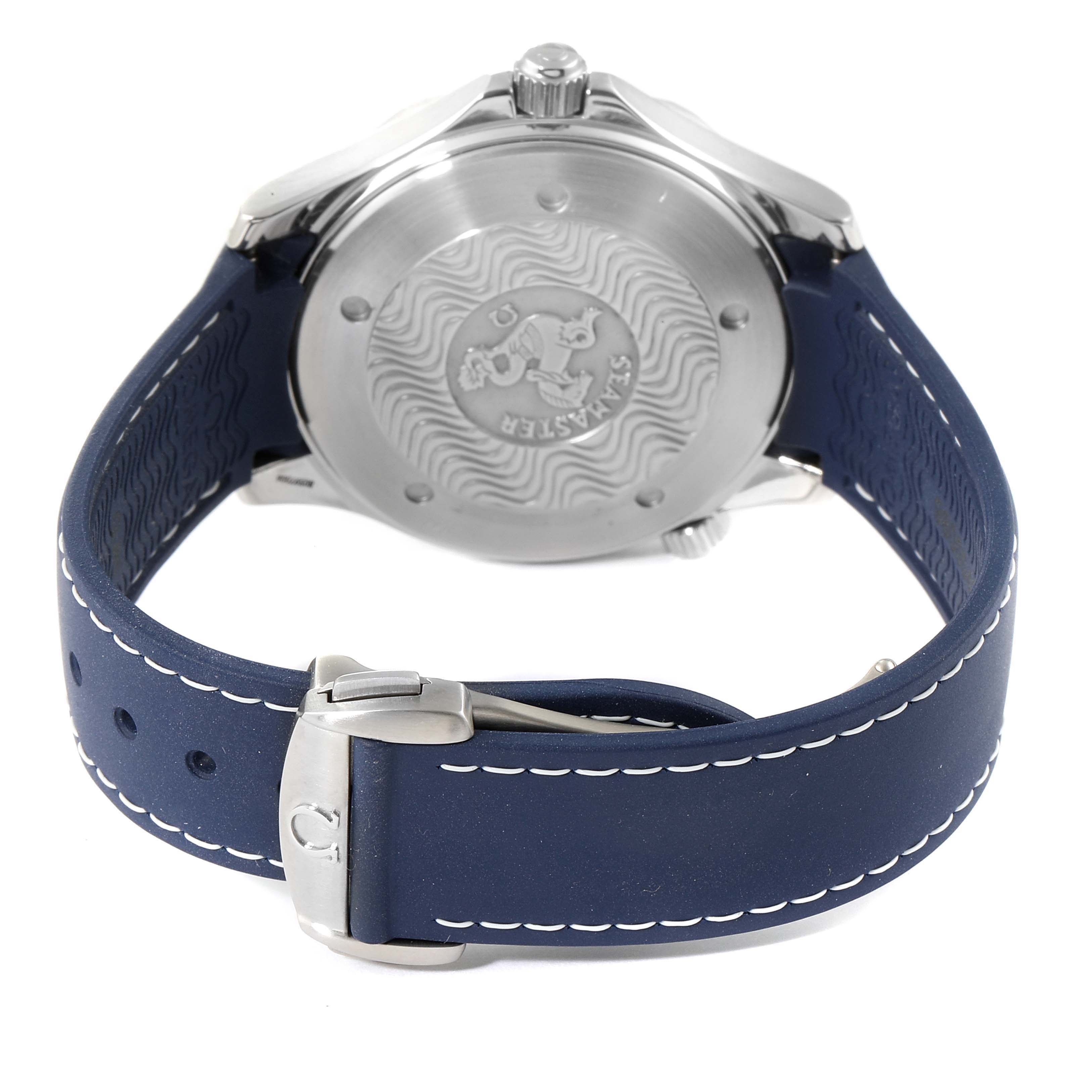 The image shows the back view of an Omega Seamaster 2531.80.00 Men's Stainless Steel Blue Dial 2531.80.00 Men's Stainless Steel Blue Dial watch, including the case back and blue rubber strap with a buckle.