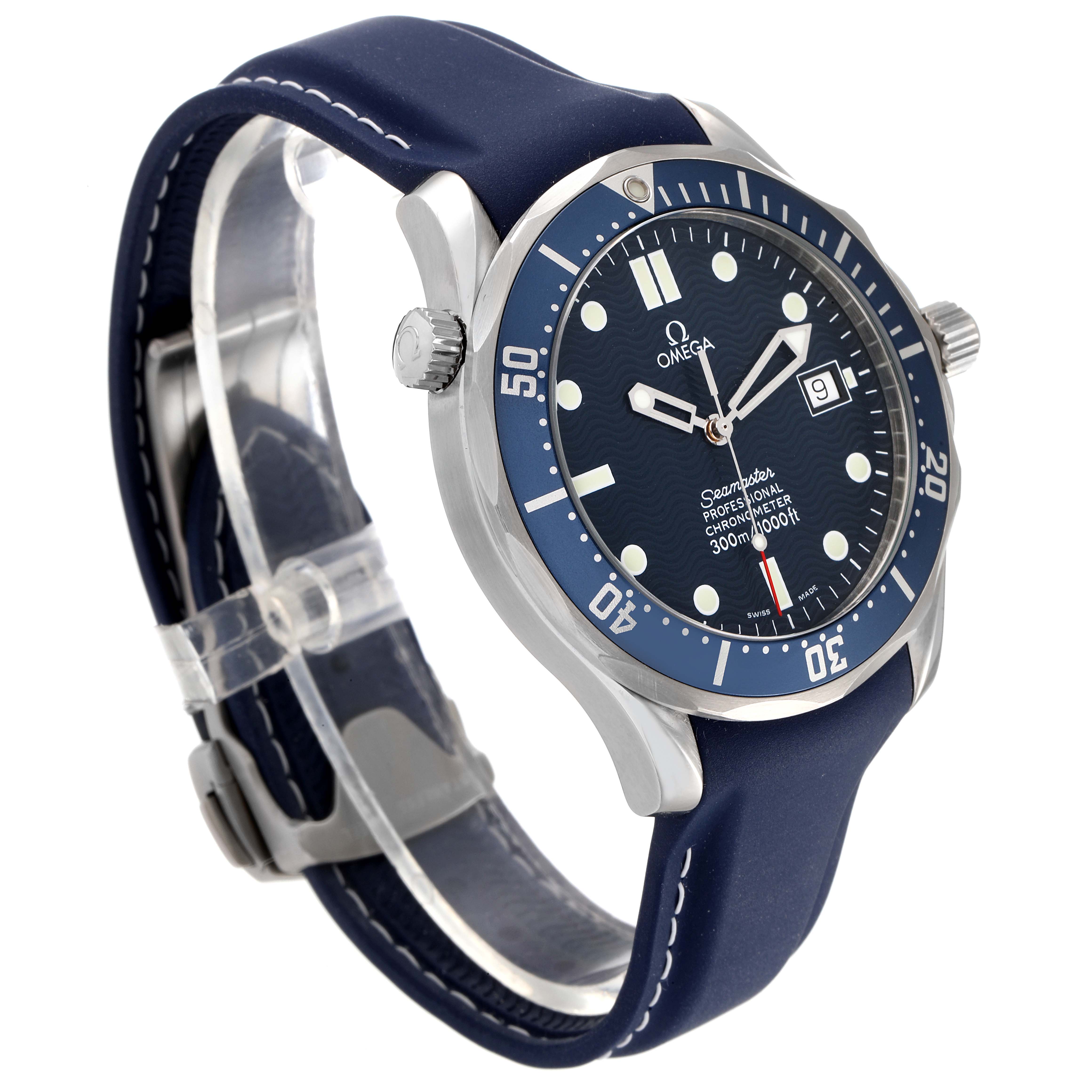 The image shows a side angle of an Omega Seamaster 2531.80.00 Men's Stainless Steel Blue Dial 2531.80.00 Men's Stainless Steel Blue Dial watch, showcasing its bezel, dial, crown, and blue strap.
