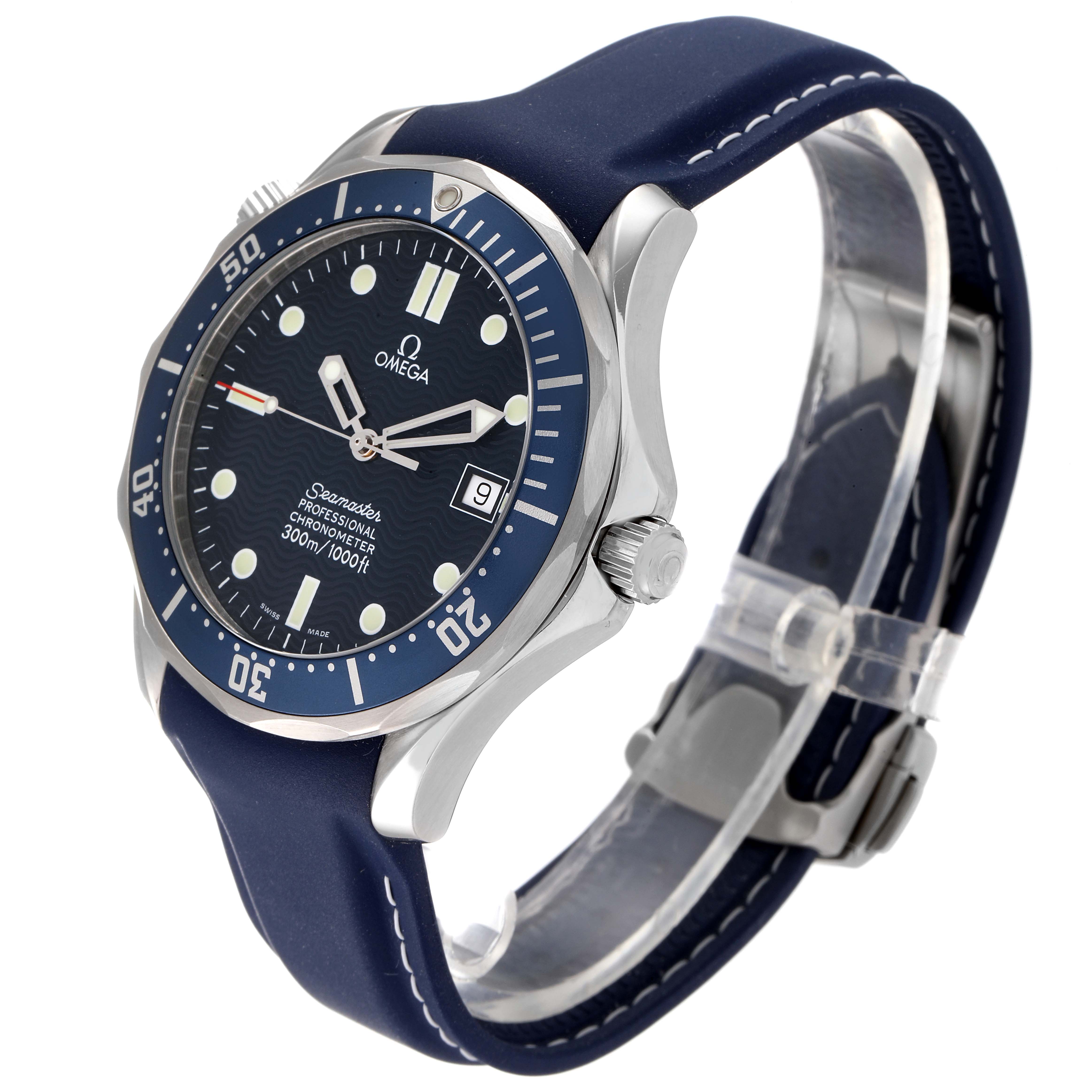 The image shows a side view of the Omega Seamaster 2531.80.00 Men's Stainless Steel Blue Dial 2531.80.00 Men's Stainless Steel Blue Dial watch, highlighting the face, bezel, crown, and strap.