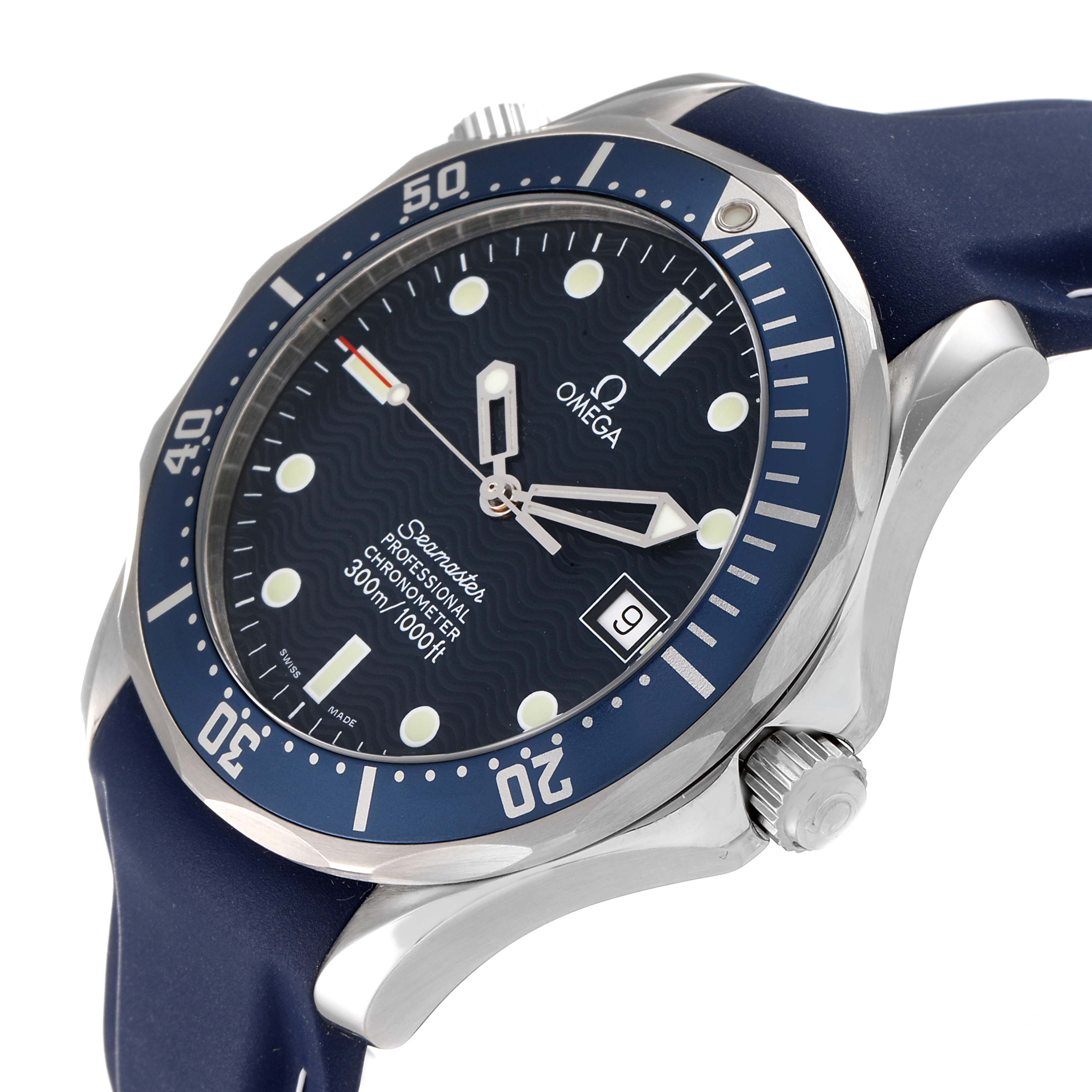 The image shows the front and side angle of an Omega Seamaster 2531.80.00 Men's Stainless Steel Blue Dial 2531.80.00 Men's Stainless Steel Blue Dial watch, highlighting the face, bezel, crown, and strap.