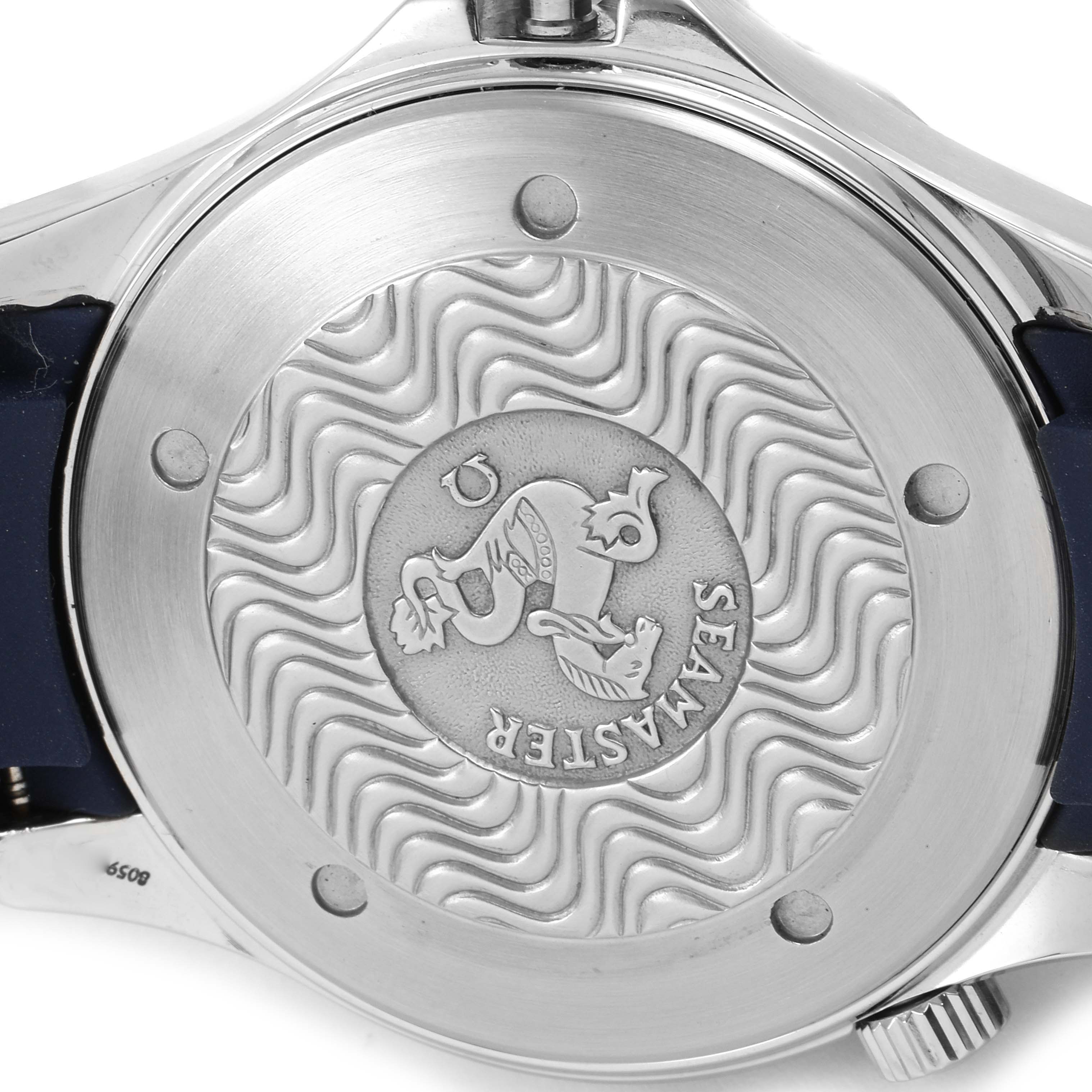 The image shows the back of an Omega Seamaster 2531.80.00 Men's Stainless Steel Blue Dial 2531.80.00 Men's Stainless Steel Blue Dial watch, focusing on the engraved case back and part of the strap.