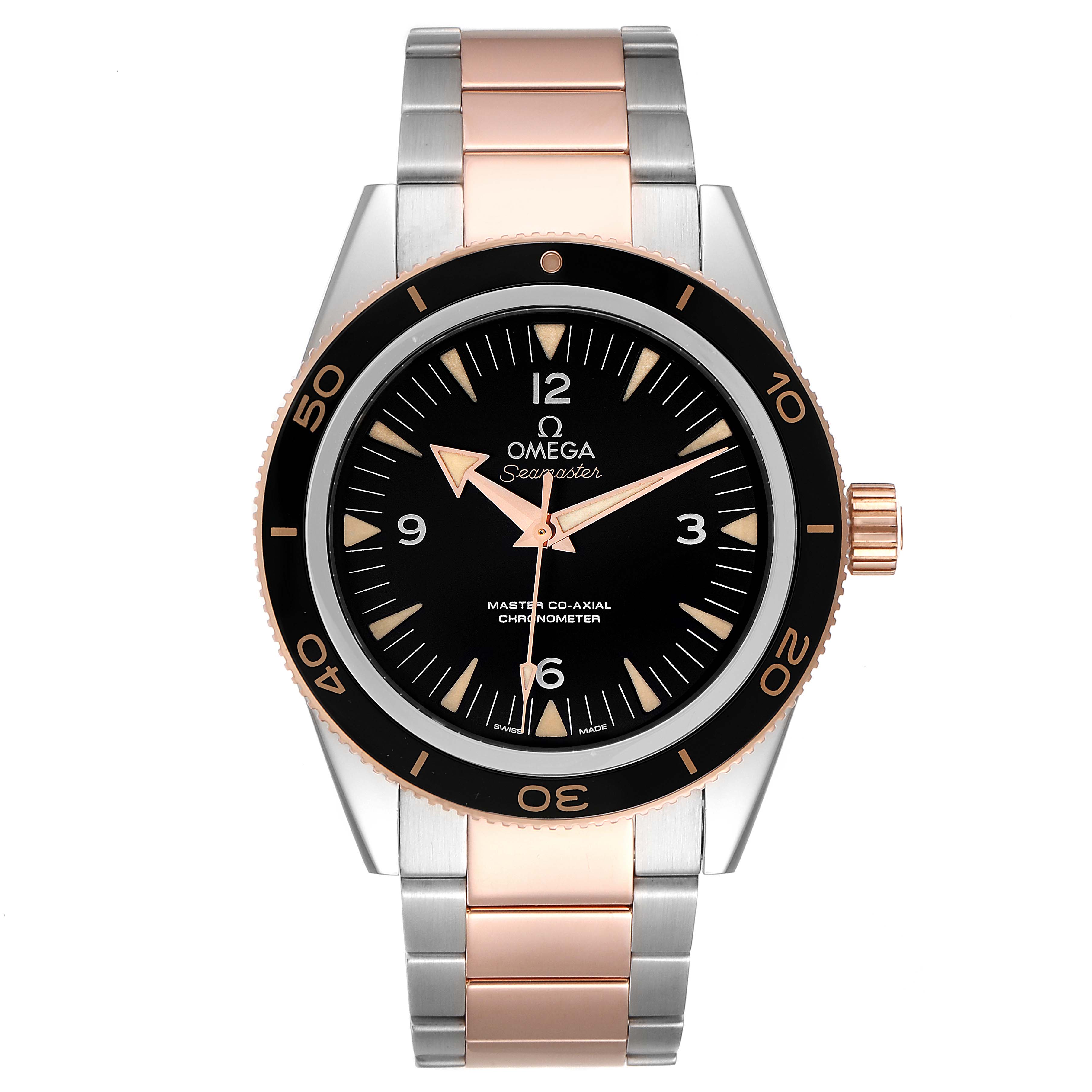 The image shows a front view of the Omega Seamaster 233.20.41.21.01.001 Men's Steel and Gold (two tone) Black Dial 233.20.41.21.01.001 Men's Steel and Gold (two tone) Black Dial watch with a black dial and a two-tone metal bracelet.