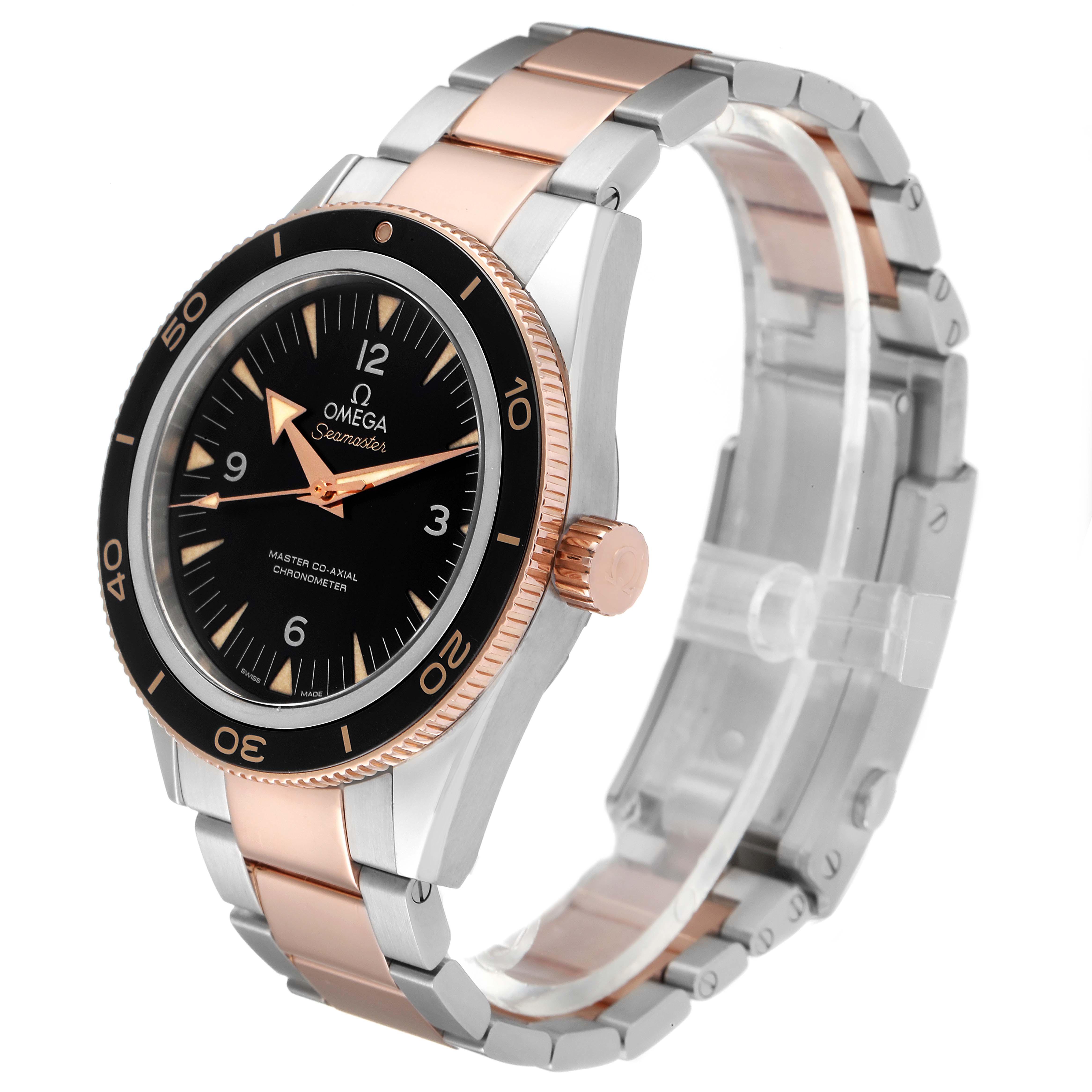 The Omega Seamaster 233.20.41.21.01.001 Men's Steel and Gold (two tone) Black Dial 233.20.41.21.01.001 Men's Steel and Gold (two tone) Black Dial watch is shown at a three-quarter angle, highlighting its face, bezel, crown, and two-tone bracelet.