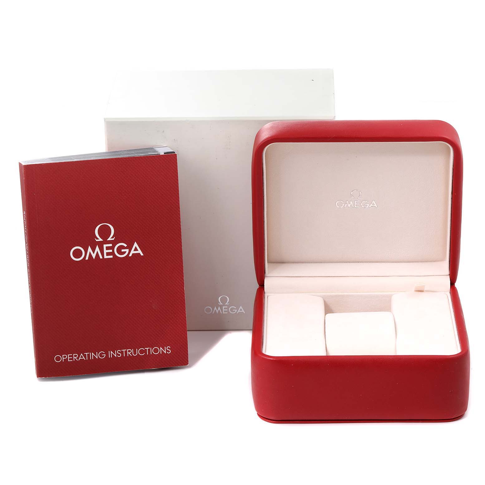 The image shows an Omega Seamaster 233.20.41.21.01.001 Men's Steel and Gold (two tone) Black Dial 233.20.41.21.01.001 Men's Steel and Gold (two tone) Black Dial watch box with a red exterior and white interior, accompanied by an operating instructions booklet.