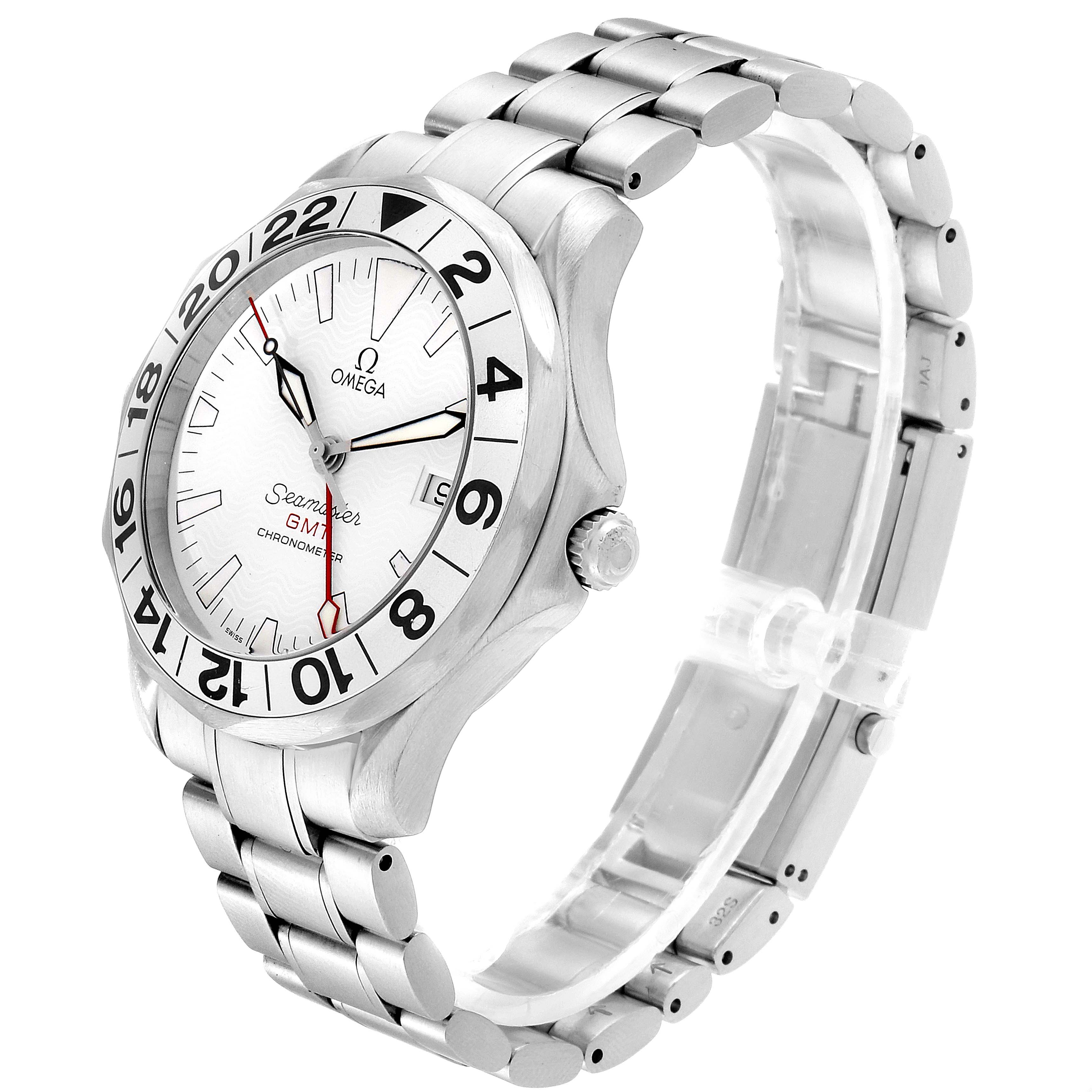 The Omega Seamaster 2538.20.00 Men's Stainless Steel White Dial 2538.20.00 Men's Stainless Steel White Dial watch is shown from a three-quarter angle, highlighting the face, bezel, crown, and metal bracelet.