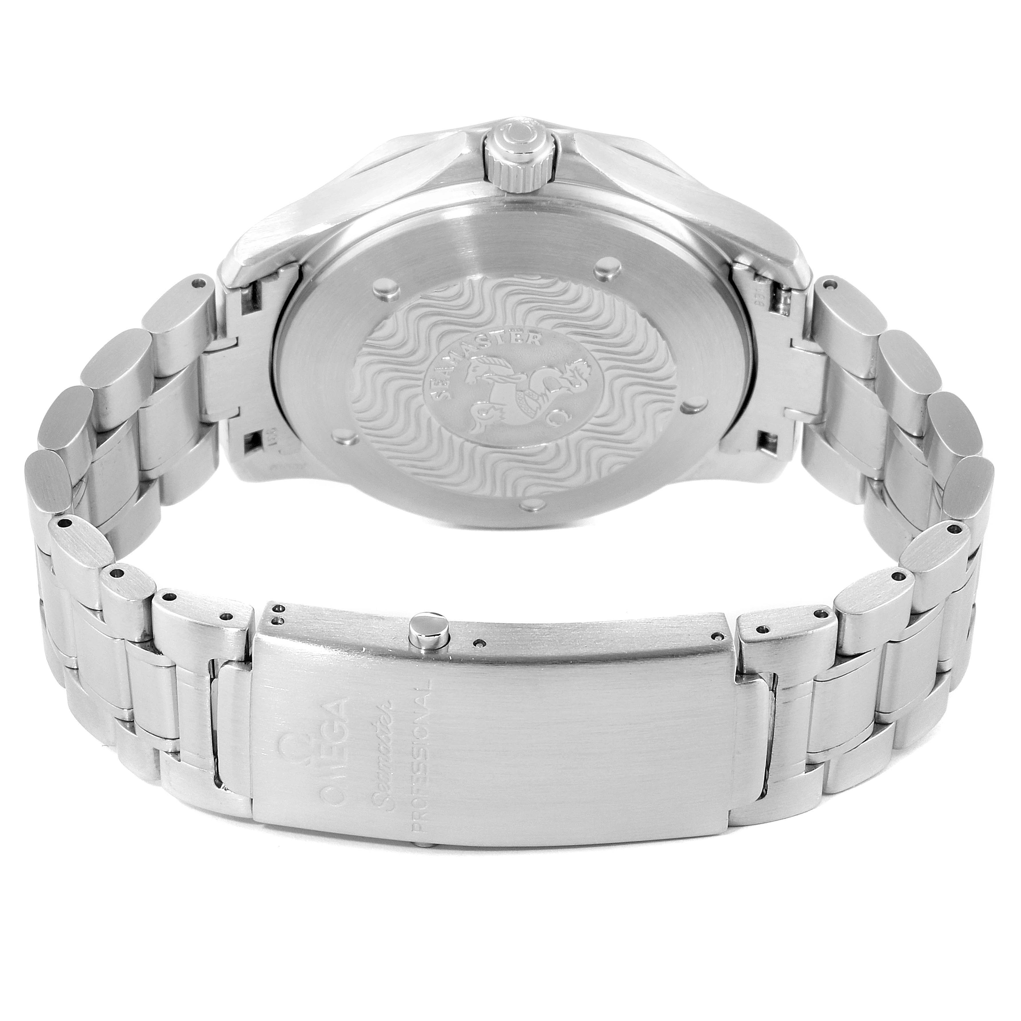 The image shows the back case and bracelet clasp of an Omega Seamaster 2538.20.00 Men's Stainless Steel White Dial 2538.20.00 Men's Stainless Steel White Dial watch.