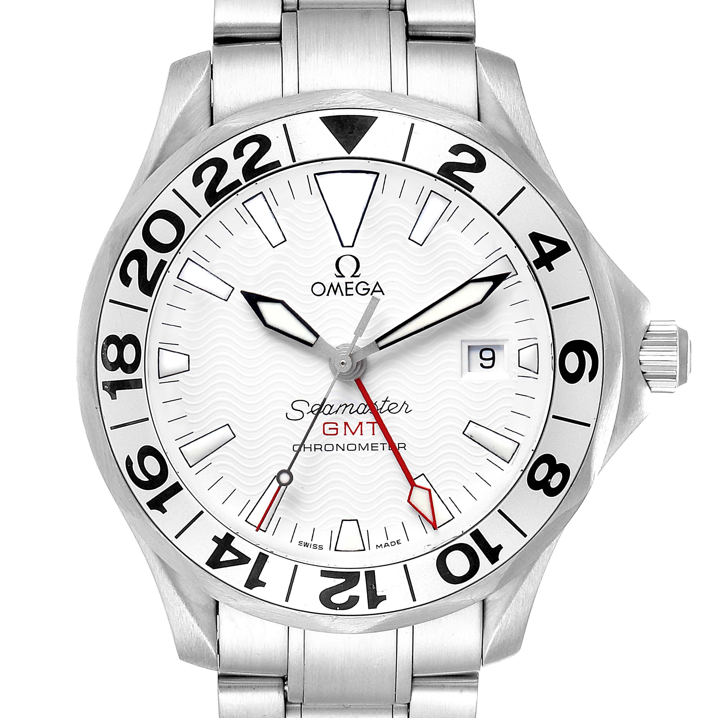The Omega Seamaster 2538.20.00 Men's Stainless Steel White Dial 2538.20.00 Men's Stainless Steel White Dial GMT Chronometer watch is shown from the front, displaying the dial, hands, bezel, and part of the bracelet.