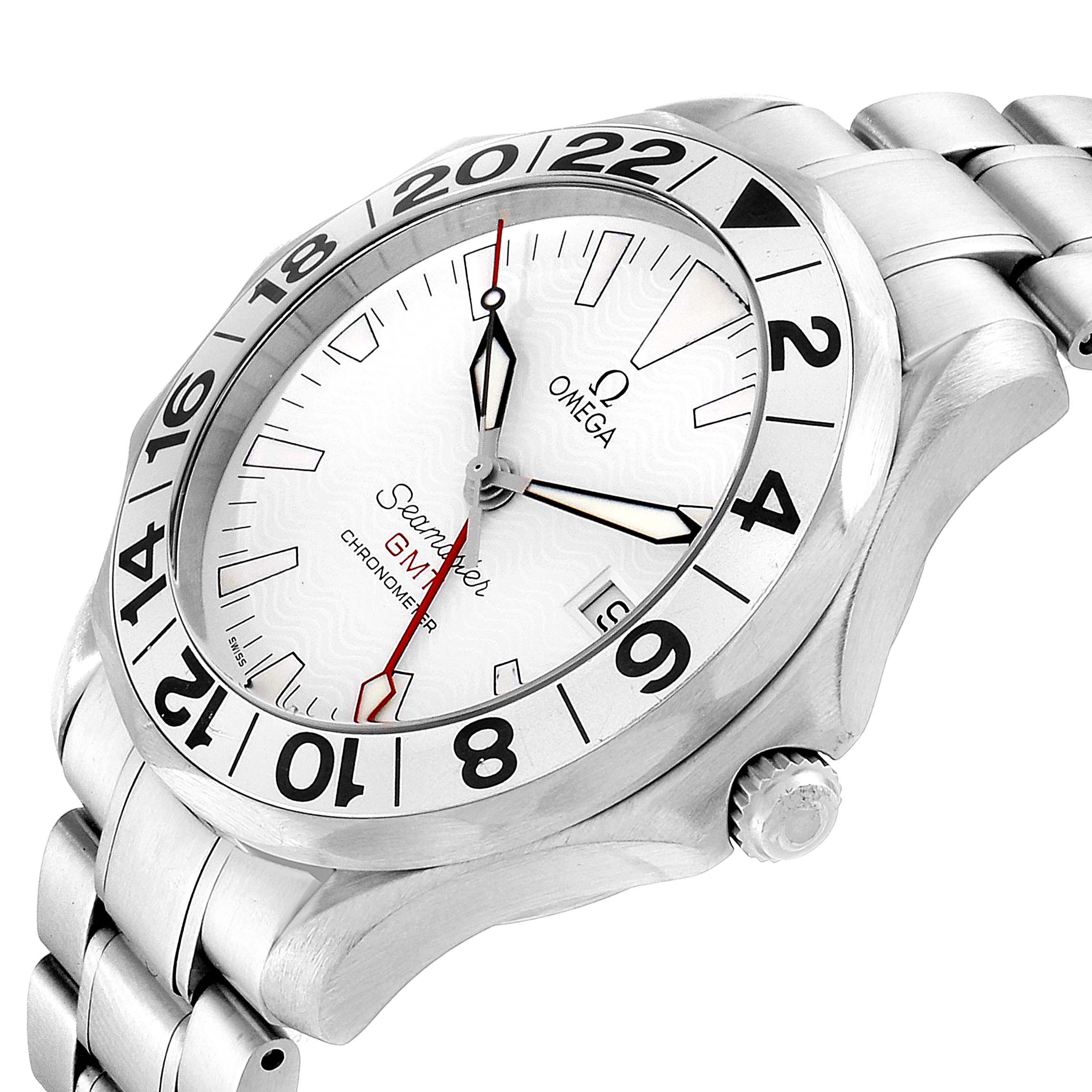The image shows the Omega Seamaster 2538.20.00 Men's Stainless Steel White Dial 2538.20.00 Men's Stainless Steel White Dial watch from an angled perspective, highlighting the face, bezel, crown, and part of the bracelet.