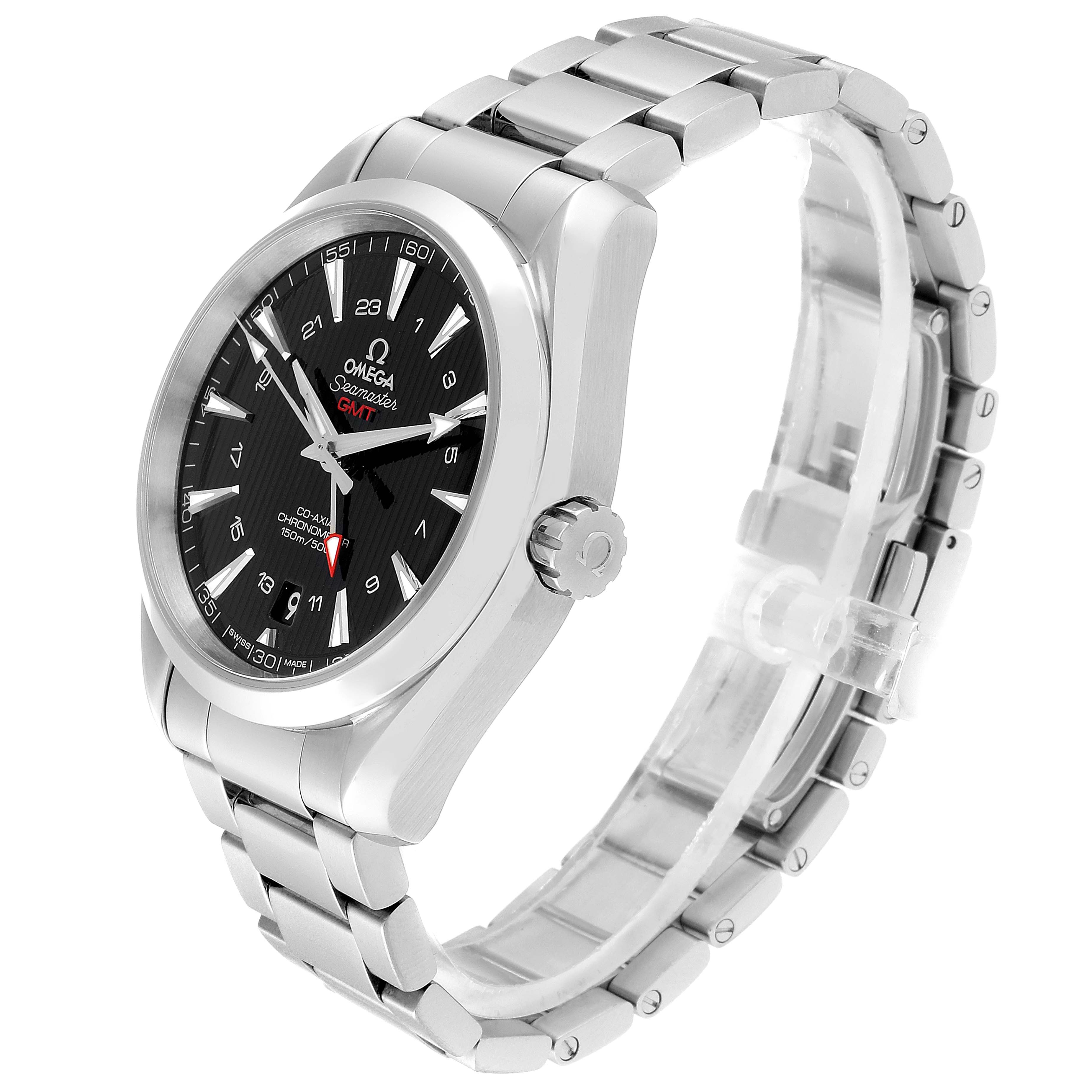 The image shows an Omega Aqua Terra 231.10.43.22.01.001 Men's Stainless Steel Black Dial 231.10.43.22.01.001 Men's Stainless Steel Black Dial watch at an oblique angle, highlighting the face, bezel, crown, and metal bracelet.