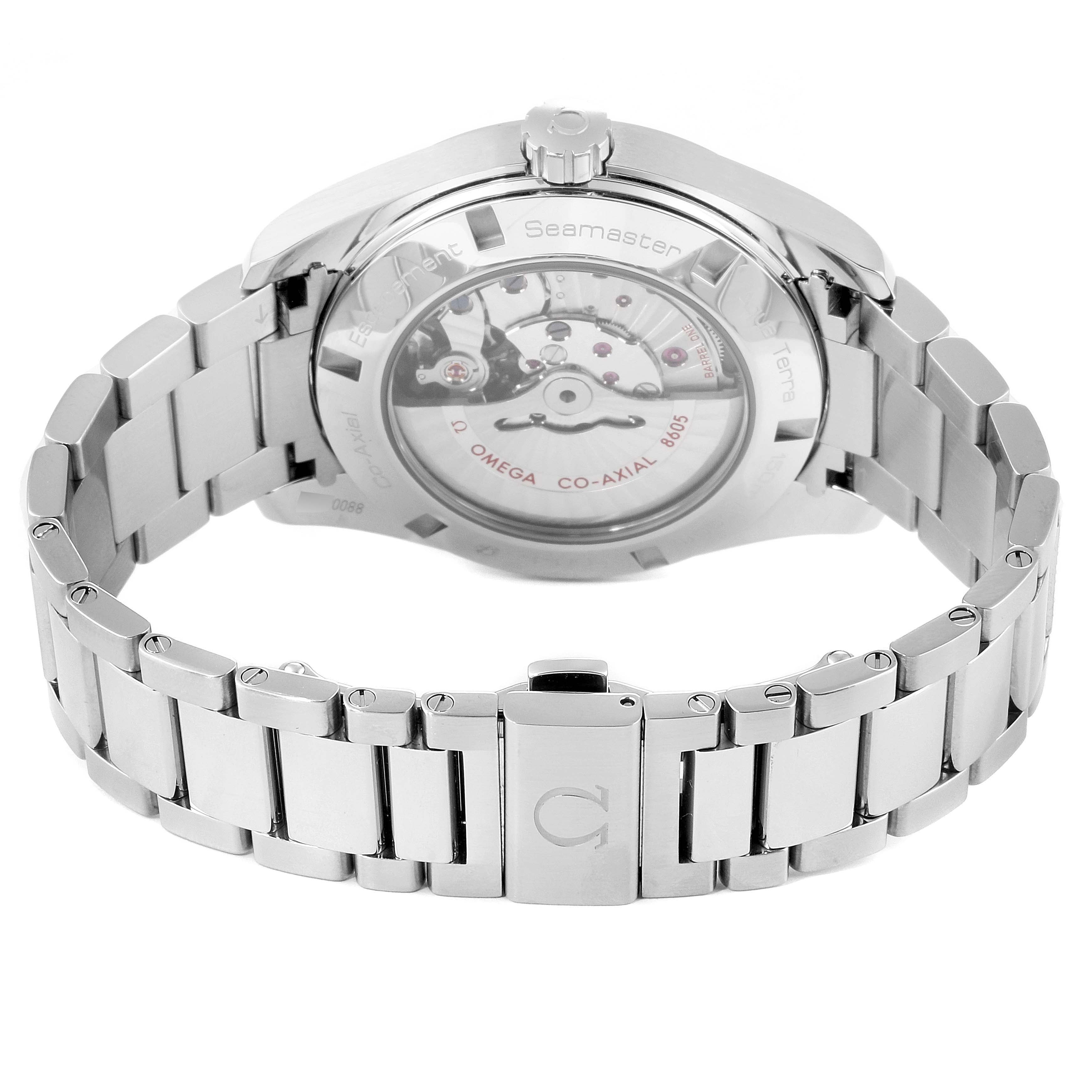 The image shows the back view of an Omega Aqua Terra 231.10.43.22.01.001 Men's Stainless Steel Black Dial 231.10.43.22.01.001 Men's Stainless Steel Black Dial watch, highlighting its stainless steel bracelet and visible case back.