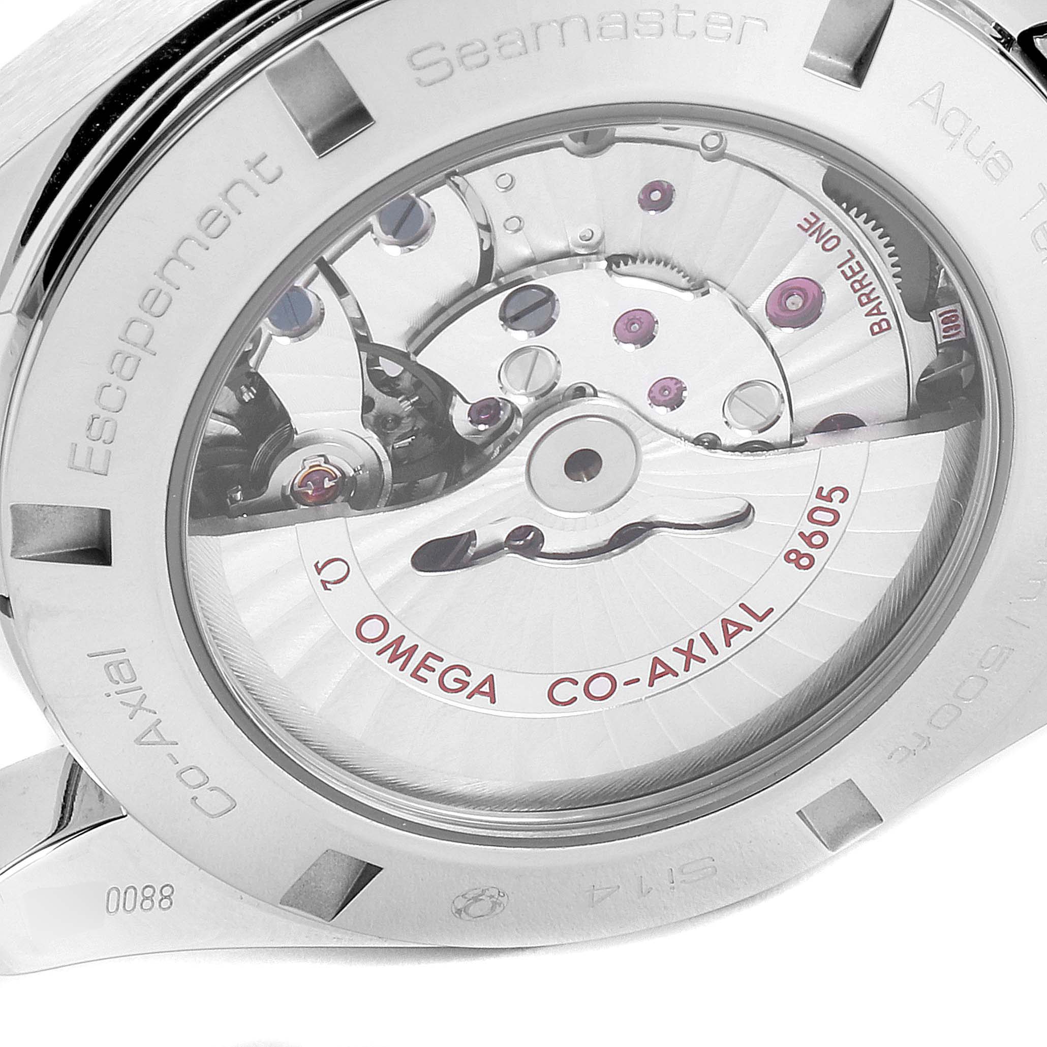 This image shows the open case back of an Omega Aqua Terra 231.10.43.22.01.001 Men's Stainless Steel Black Dial 231.10.43.22.01.001 Men's Stainless Steel Black Dial Seamaster watch, revealing its Co-Axial 8605 movement.