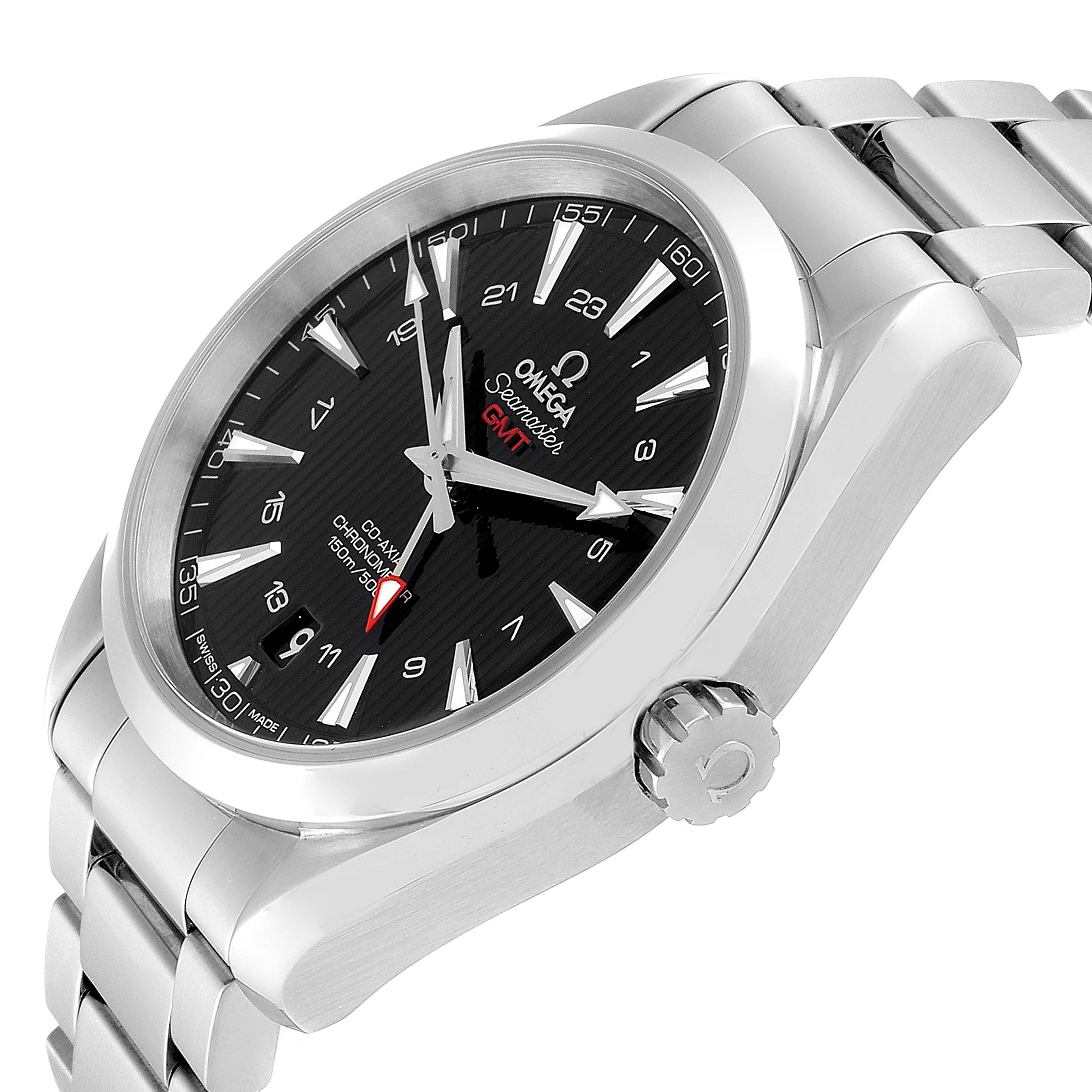 The image shows an angled view of the Omega Aqua Terra 231.10.43.22.01.001 Men's Stainless Steel Black Dial 231.10.43.22.01.001 Men's Stainless Steel Black Dial watch, displaying its black dial, silver hands, crown, and metal bracelet.