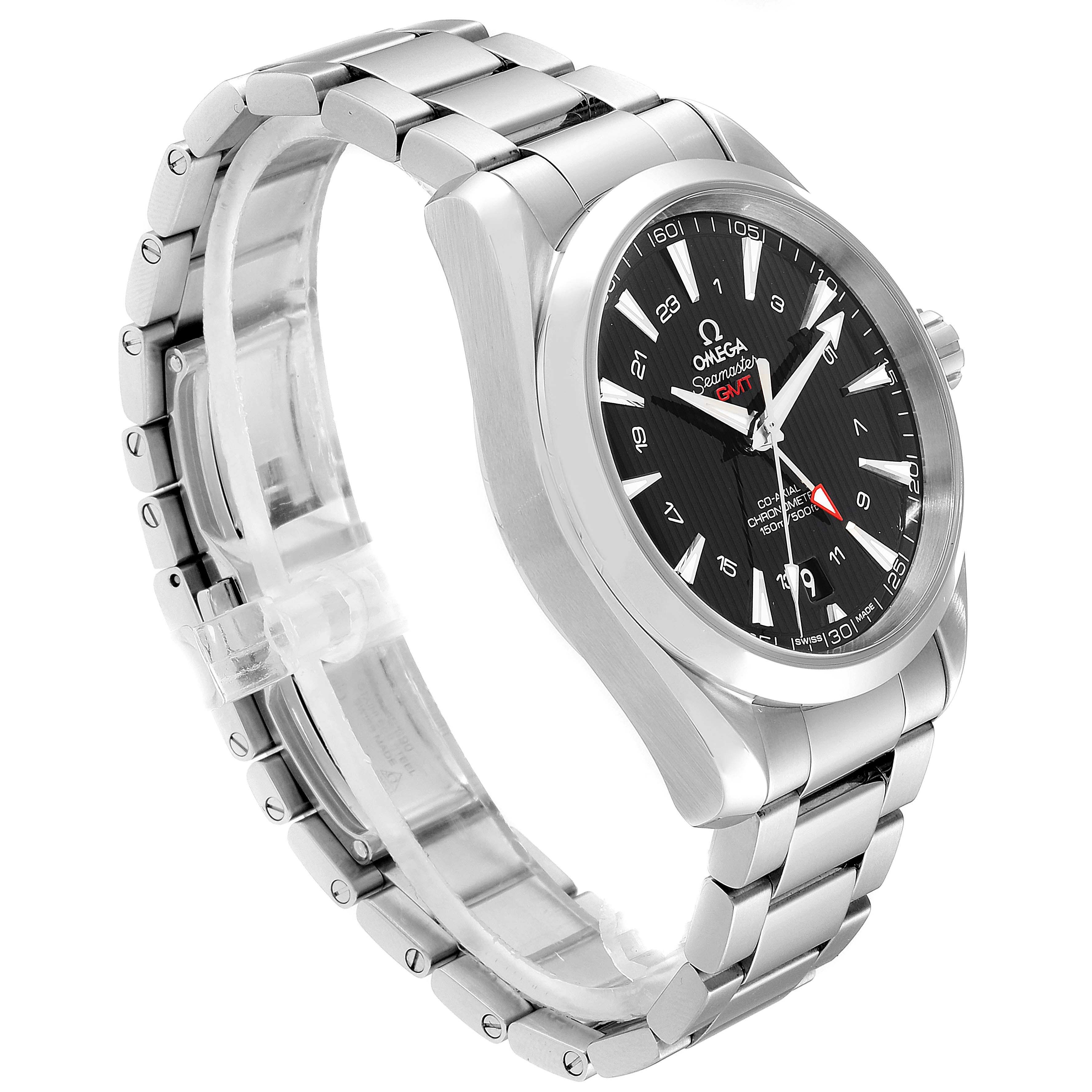 The Aqua Terra model by Omega shown at an angle displays the watch face, bezel, crown, and metal bracelet.