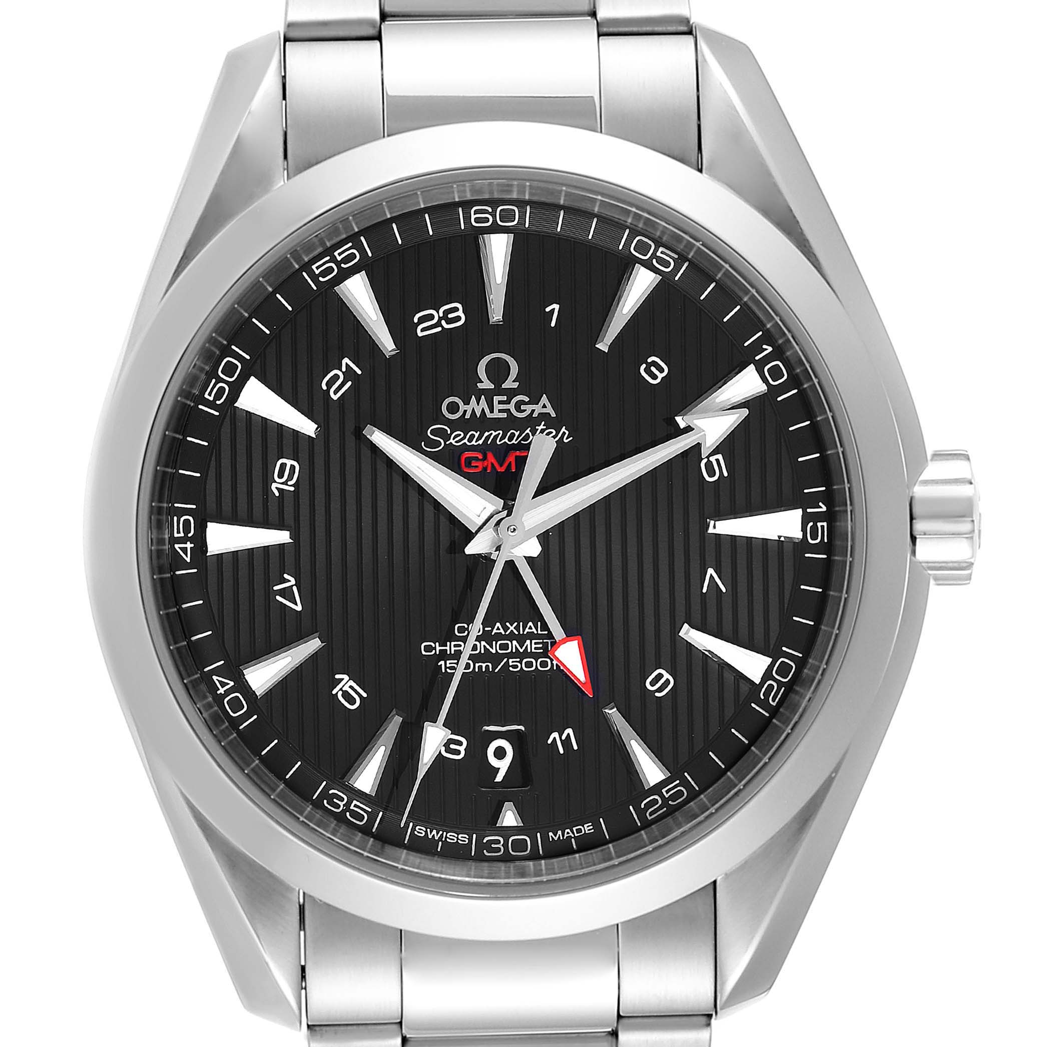 The image shows a front view of the Omega Aqua Terra 231.10.43.22.01.001 Men's Stainless Steel Black Dial 231.10.43.22.01.001 Men's Stainless Steel Black Dial Seamaster GMT watch, displaying the dial, hands, and bracelet.