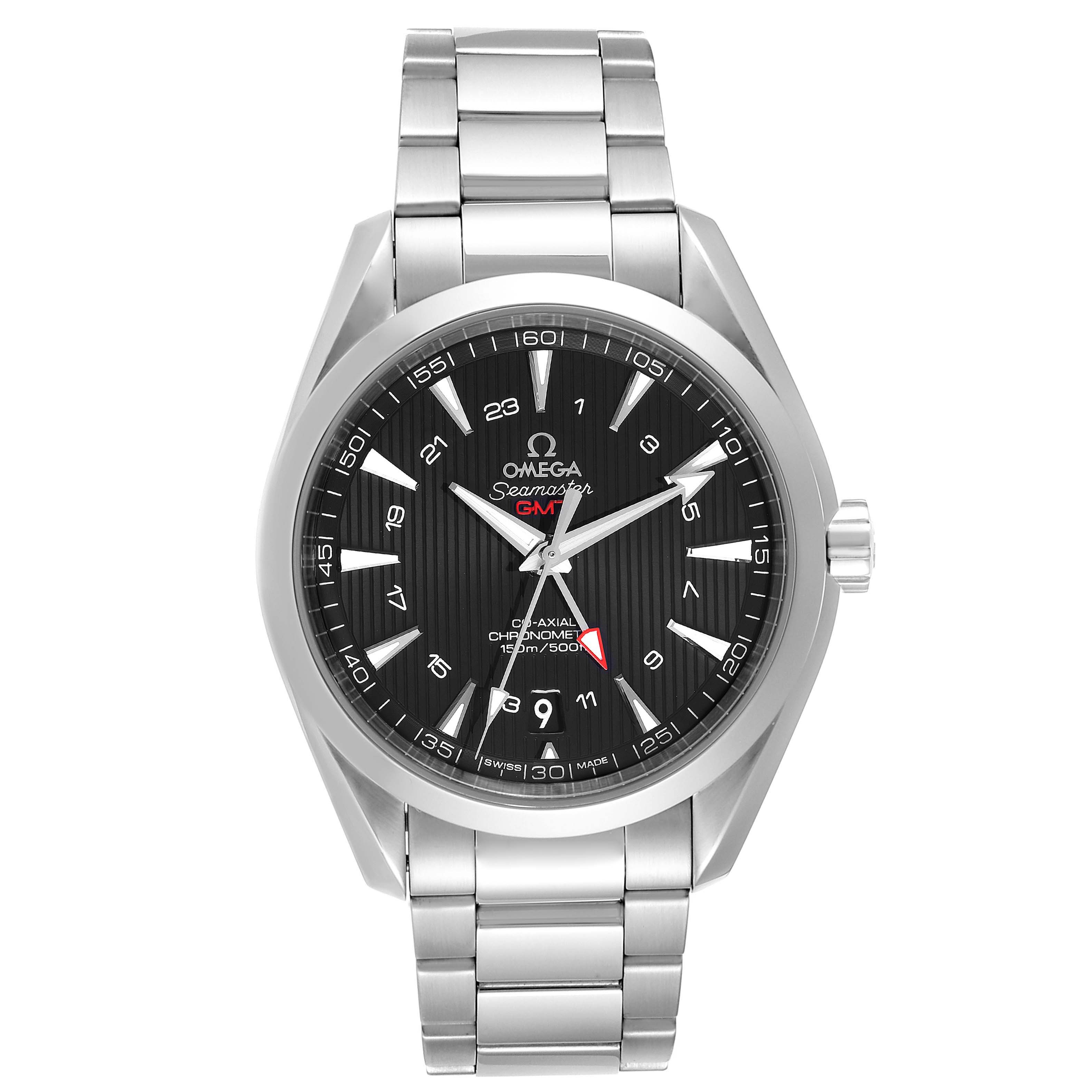 The Omega Aqua Terra 231.10.43.22.01.001 Men's Stainless Steel Black Dial 231.10.43.22.01.001 Men's Stainless Steel Black Dial watch is shown from the front, showcasing its face, dial, and stainless steel bracelet.