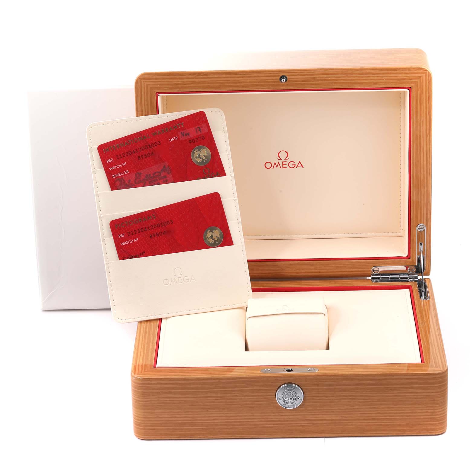 The image shows the open wooden box and warranty cards for an Omega Seamaster 212.30.41.20.01.003 Men's Stainless Steel Black Dial 212.30.41.20.01.003 Men's Stainless Steel Black Dial watch, viewed from the front.