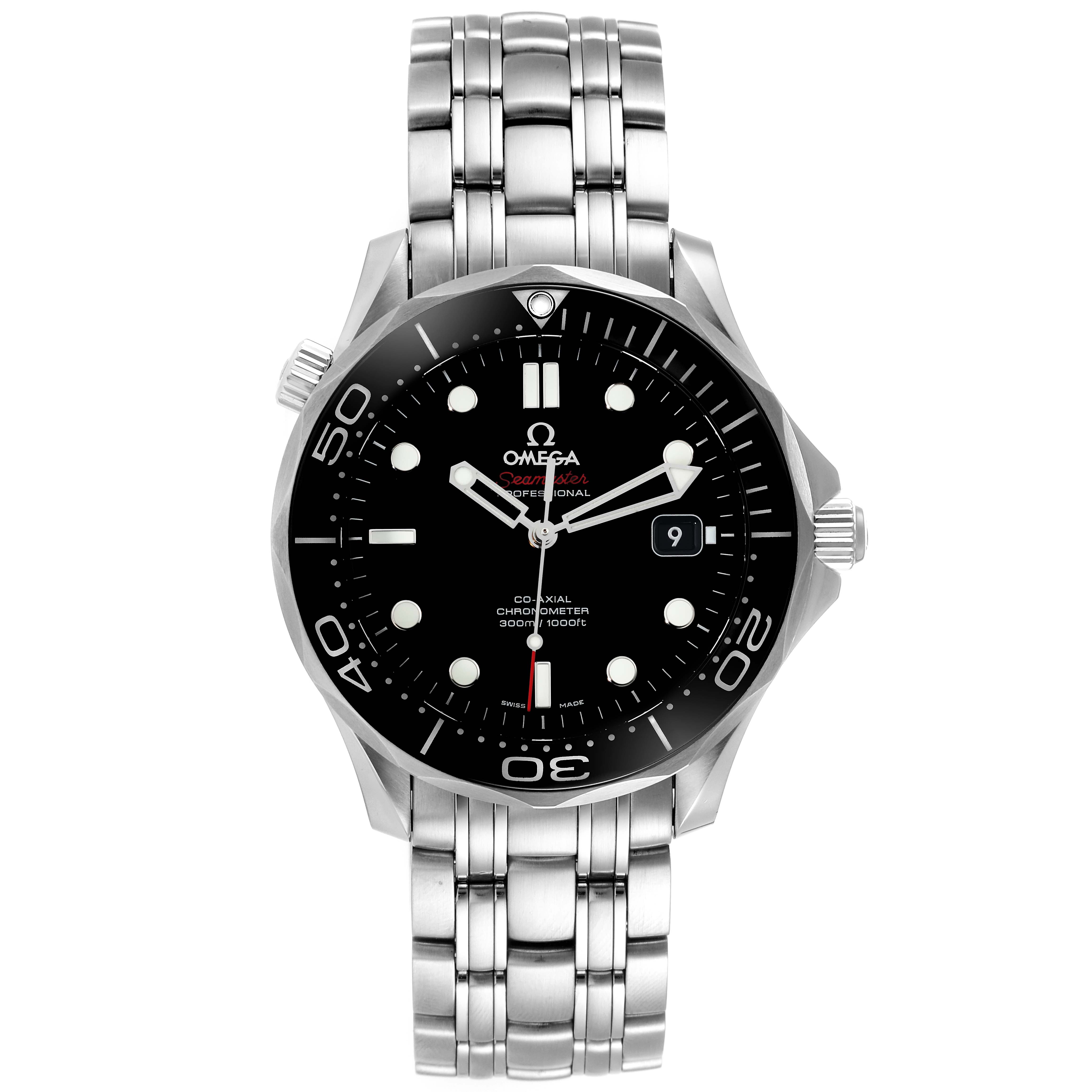 The image shows a front view of the Omega Seamaster 212.30.41.20.01.003 Men's Stainless Steel Black Dial 212.30.41.20.01.003 Men's Stainless Steel Black Dial watch featuring its black dial, bezel, and metal bracelet.