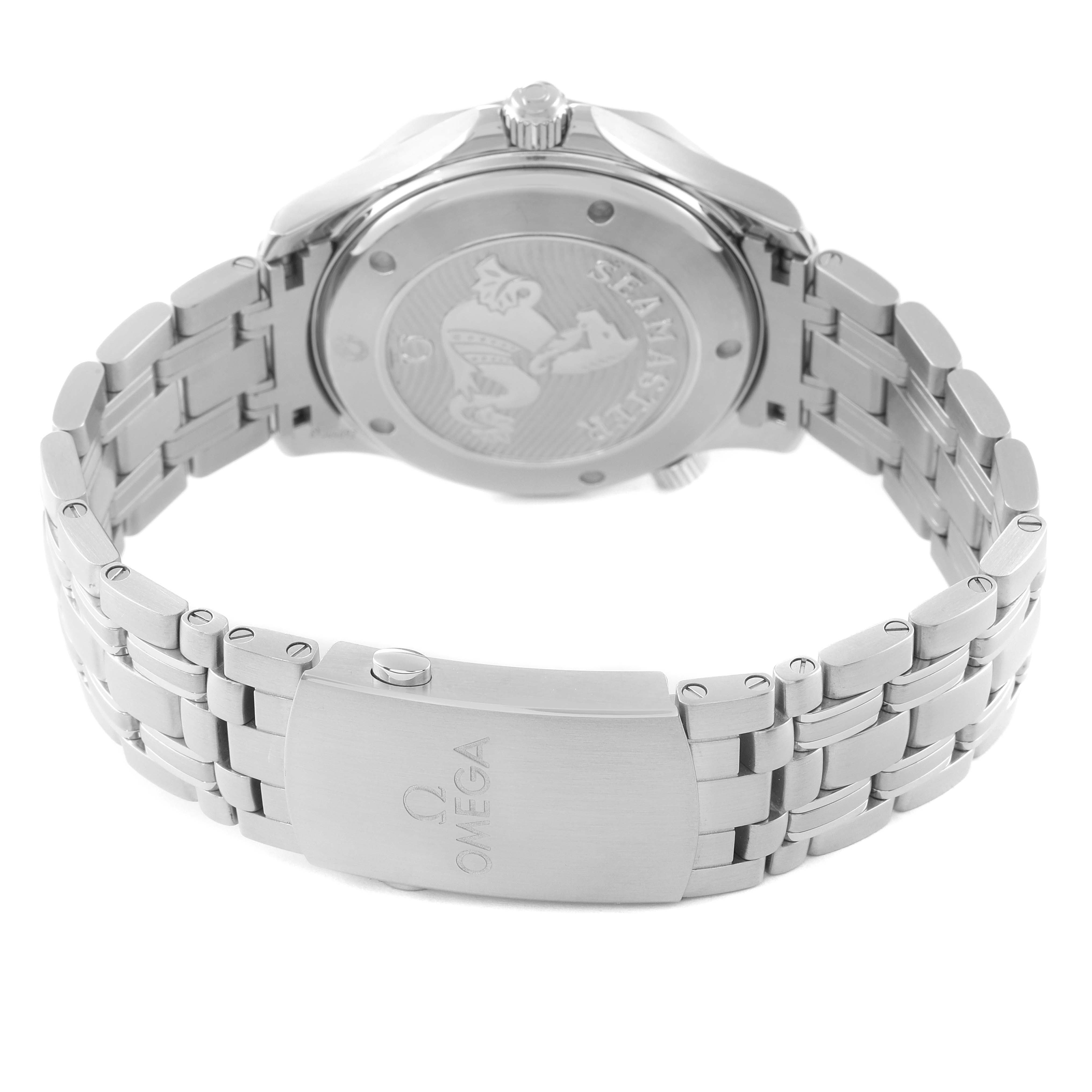 The image shows the back view of the Omega Seamaster 212.30.41.20.01.003 Men's Stainless Steel Black Dial 212.30.41.20.01.003 Men's Stainless Steel Black Dial watch and its stainless steel bracelet.