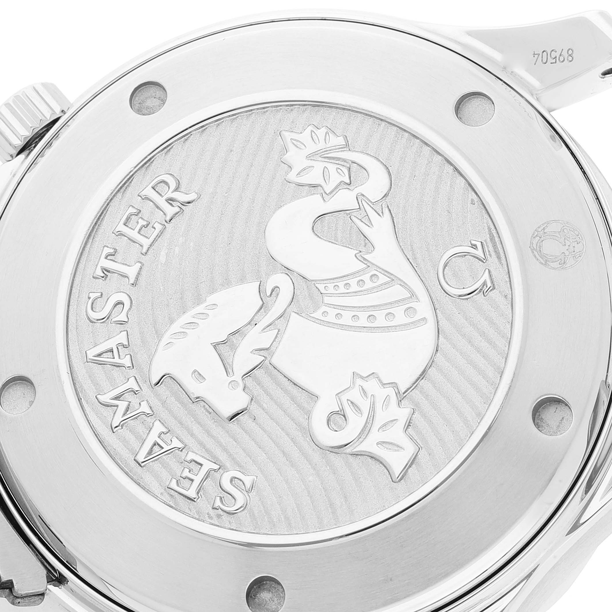 This is the back case of an Omega Seamaster 212.30.41.20.01.003 Men's Stainless Steel Black Dial 212.30.41.20.01.003 Men's Stainless Steel Black Dial watch, showcasing the engraved details and logo.