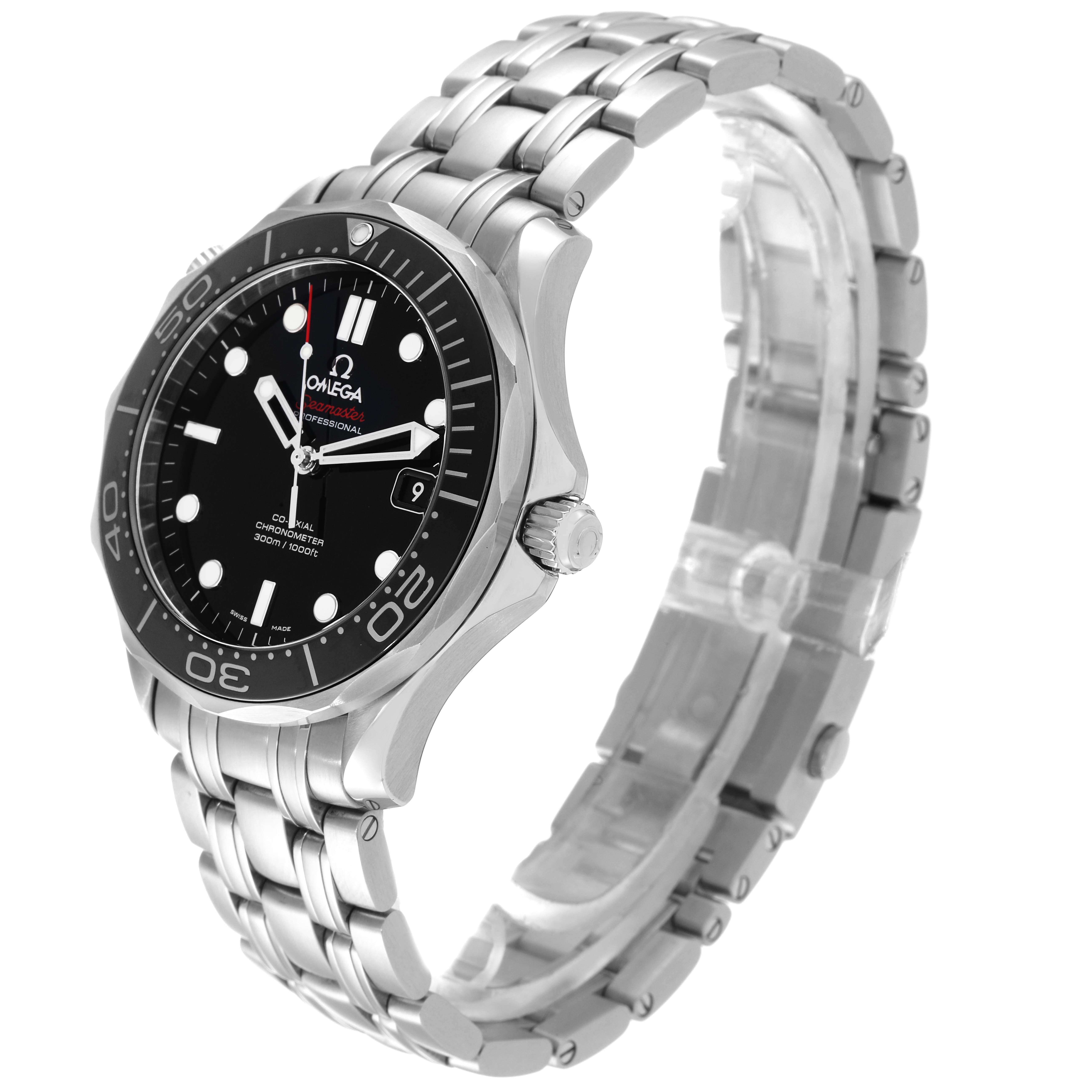 A side-angle view of the Omega Seamaster 212.30.41.20.01.003 Men's Stainless Steel Black Dial 212.30.41.20.01.003 Men's Stainless Steel Black Dial watch showcasing its face, bezel, and metal bracelet.