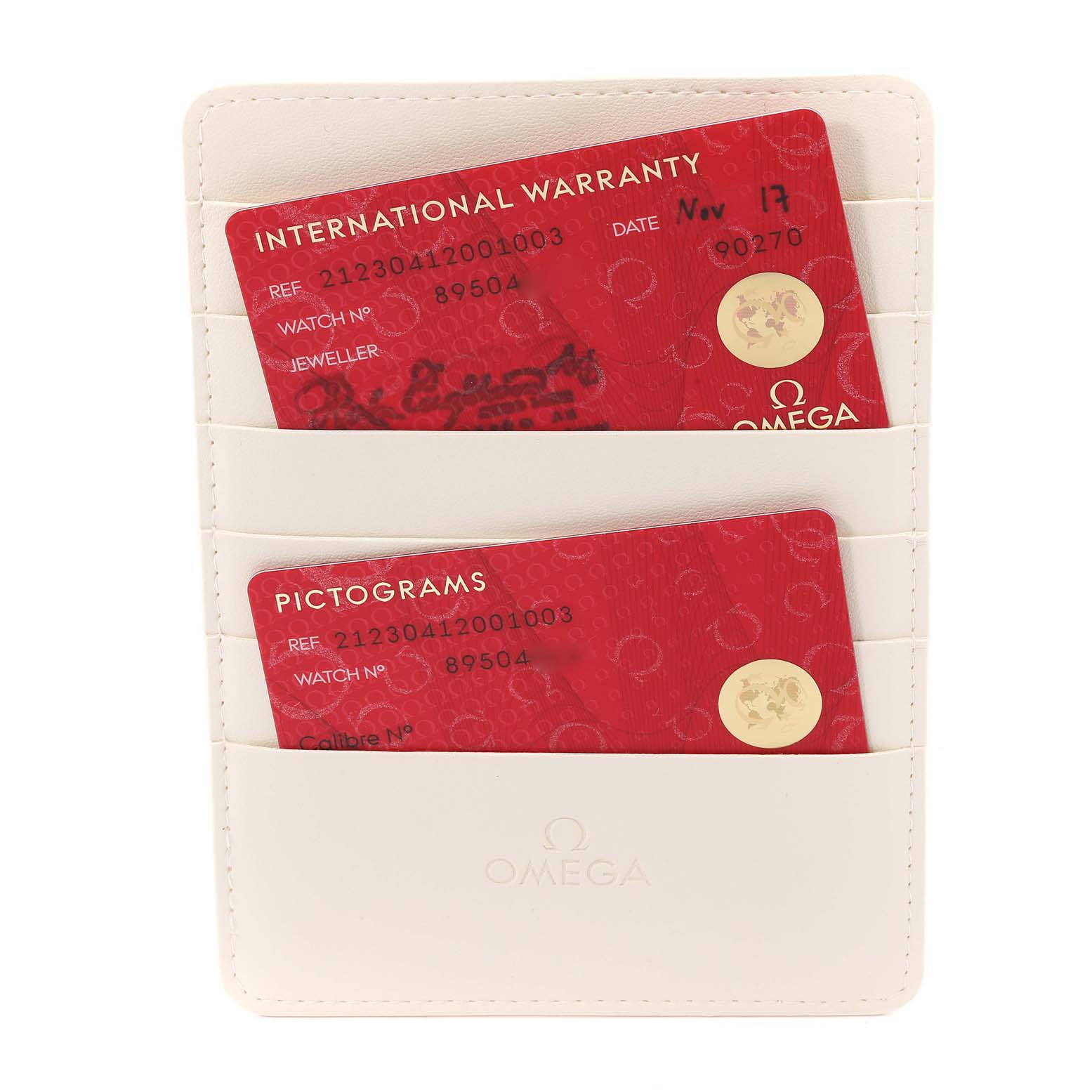 The image shows an Omega Seamaster 212.30.41.20.01.003 Men's Stainless Steel Black Dial 212.30.41.20.01.003 Men's Stainless Steel Black Dial watch’s international warranty and pictogram cards in a white cardholder.