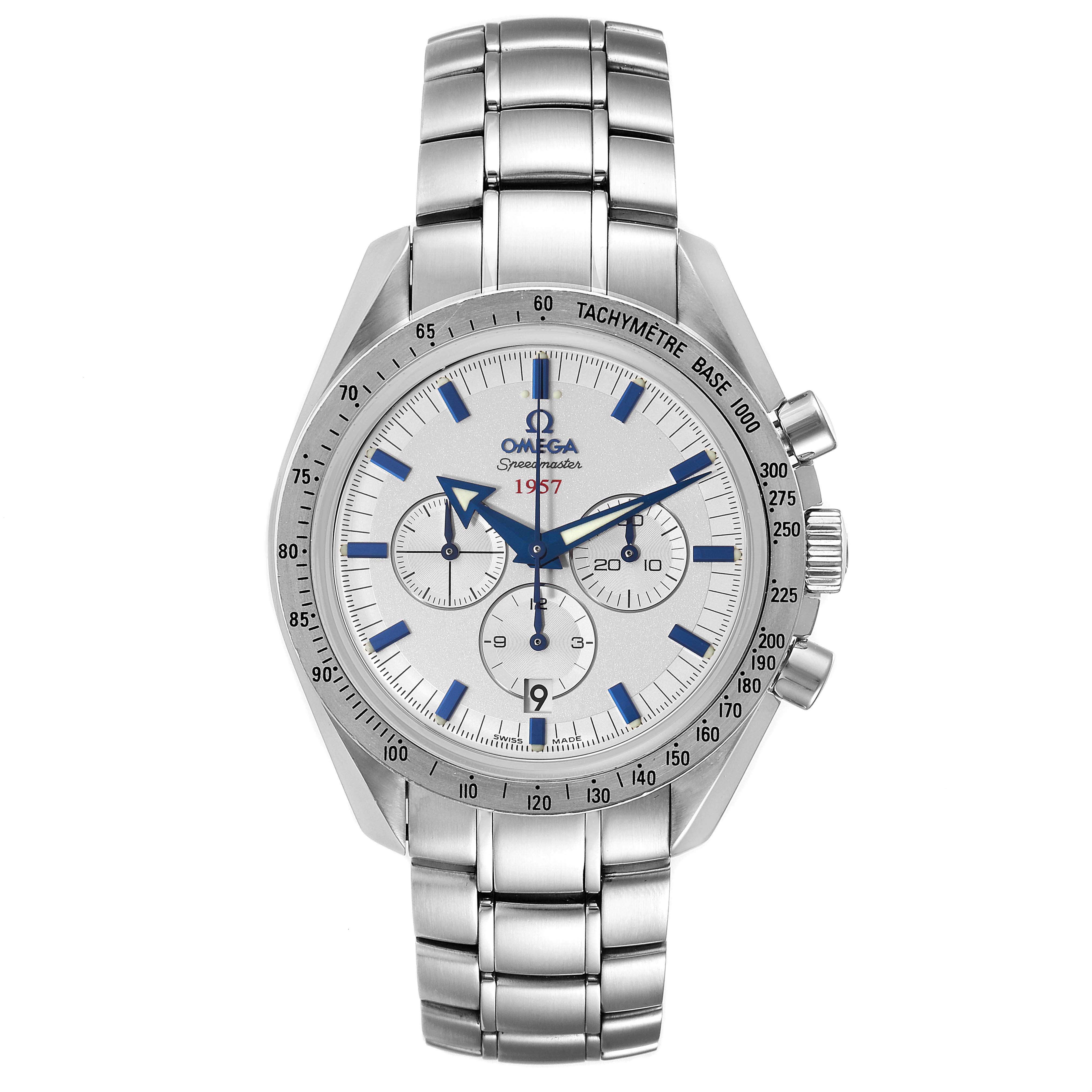 This image shows a front view of the Omega Speedmaster 321.10.42.50.02.001 Men
s Stainless Steel Silver Dial 321.10.42.50.02.001 Men
s Stainless Steel Silver Dial, displaying the watch face, bezel, and metal bracelet.