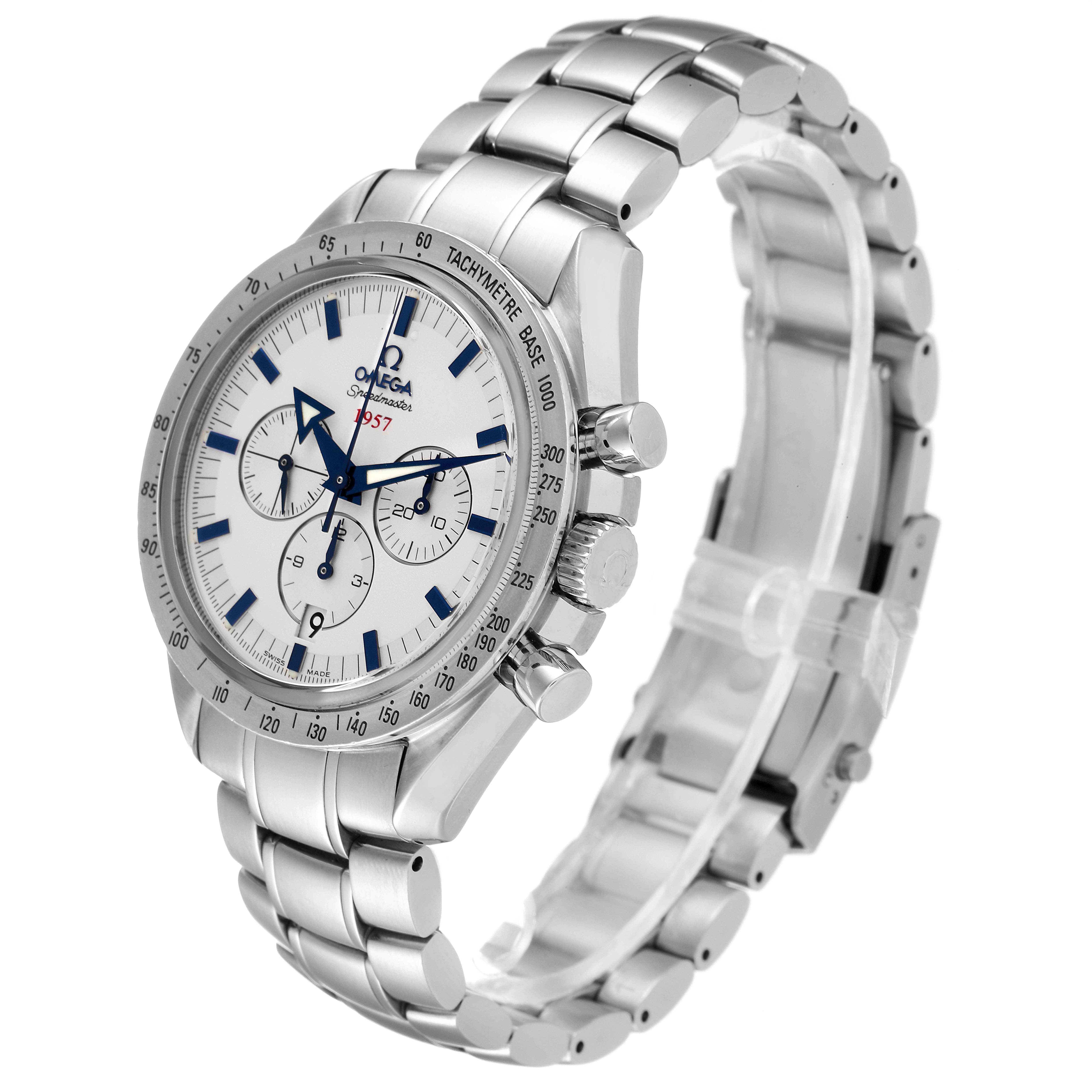 The image shows an Omega Speedmaster 321.10.42.50.02.001 Men
s Stainless Steel Silver Dial 321.10.42.50.02.001 Men
s Stainless Steel Silver Dial watch from a three-quarter angle, highlighting the dial, bezel, crown, and bracelet.