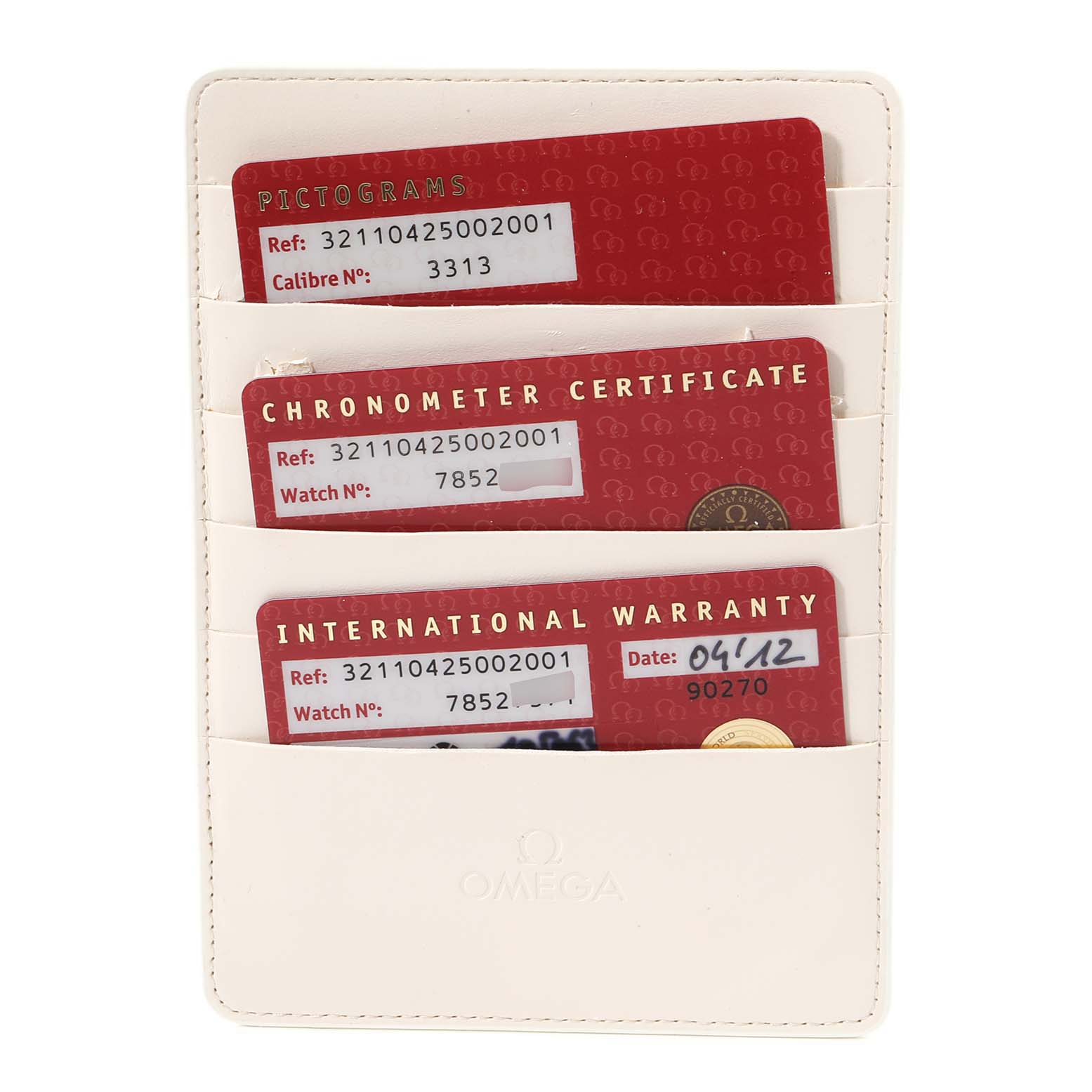 The image shows Omega Speedmaster 321.10.42.50.02.001 Men
s Stainless Steel Silver Dial 321.10.42.50.02.001 Men
s Stainless Steel Silver Dial warranty and certification cards in a white cardholder.