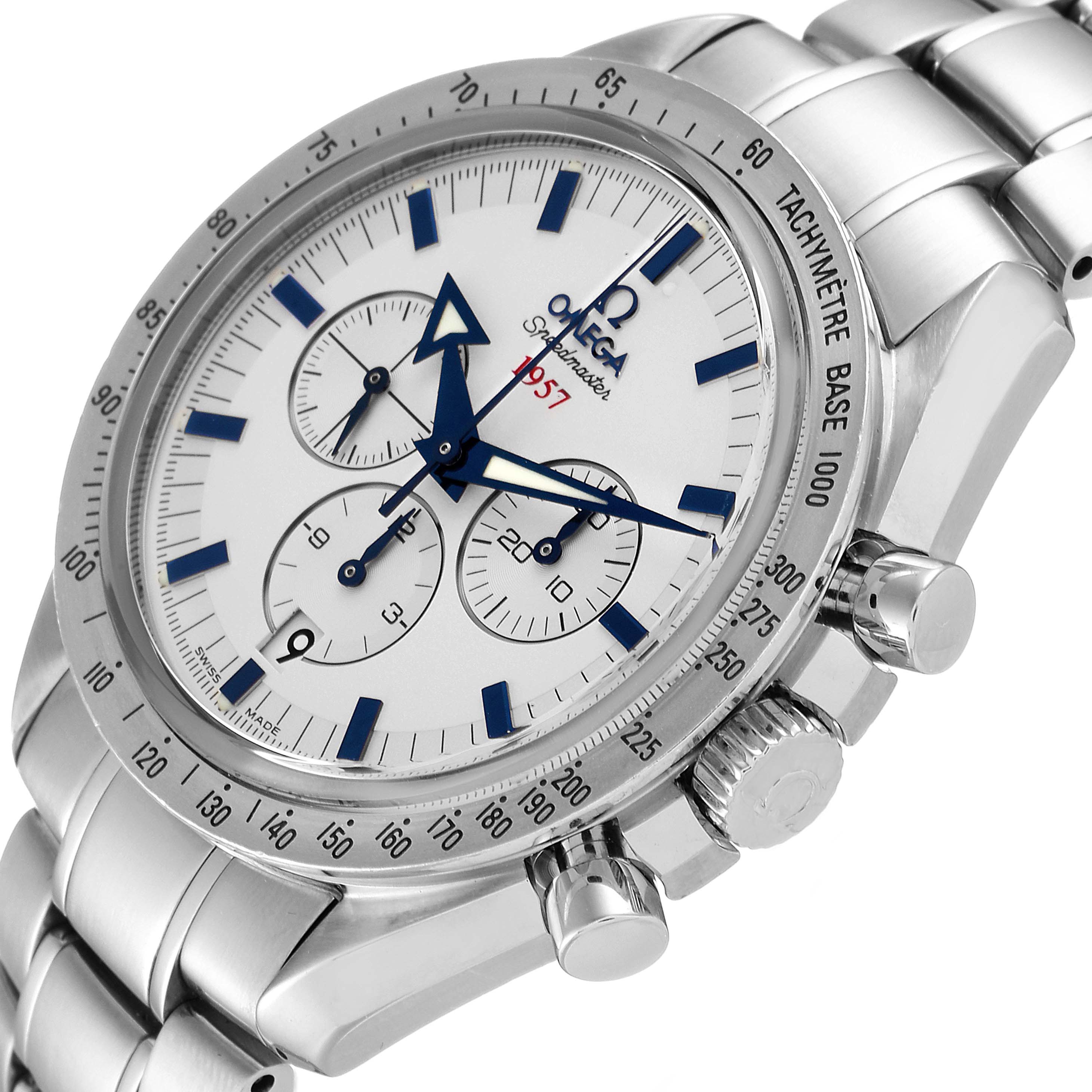 The image shows an angled view of the Omega Speedmaster 321.10.42.50.02.001 Men
s Stainless Steel Silver Dial 321.10.42.50.02.001 Men
s Stainless Steel Silver Dial watch, highlighting the dial, tachymeter scale, and chronograph pushers.