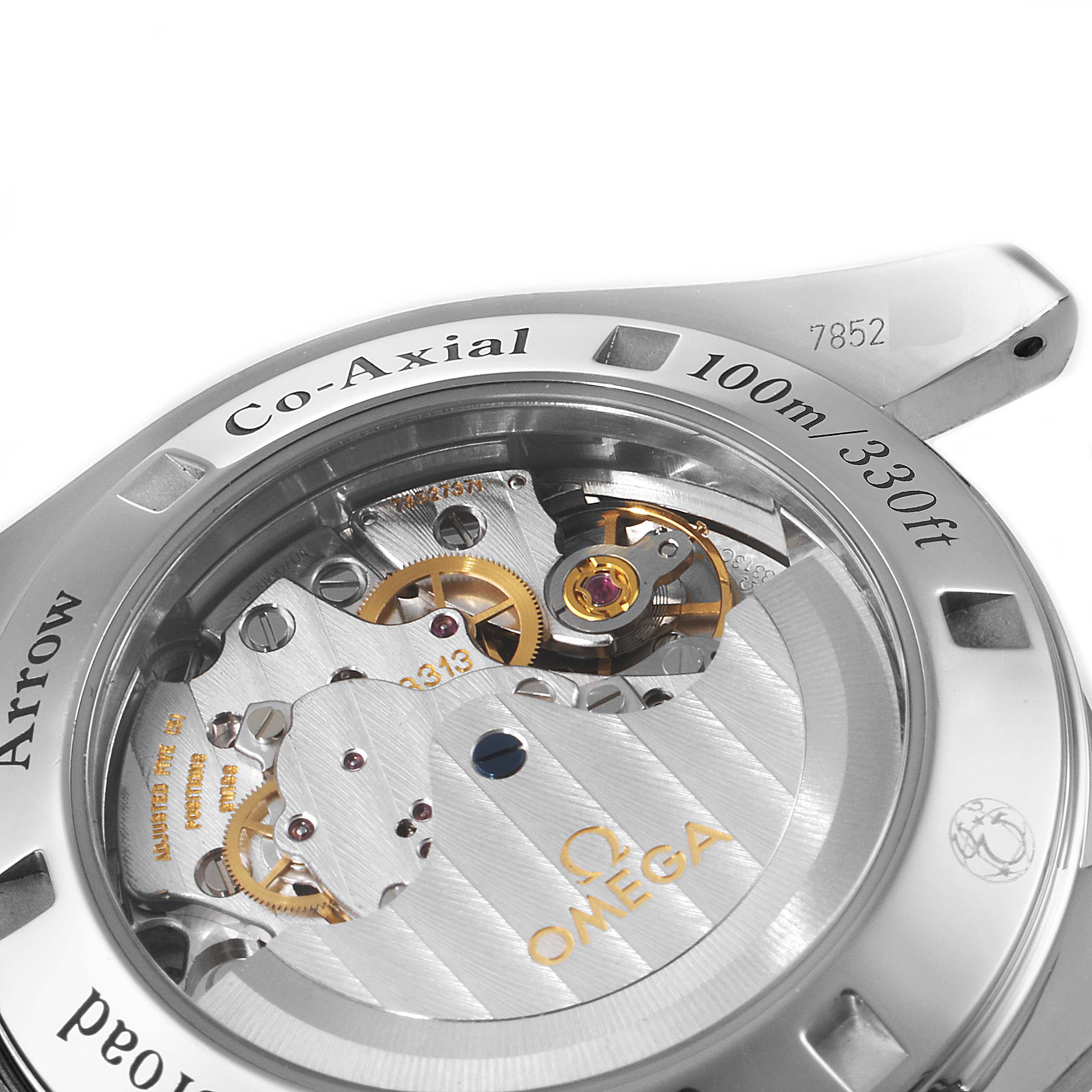 This is a close-up of the Omega Speedmaster 321.10.42.50.02.001 Men
s Stainless Steel Silver Dial 321.10.42.50.02.001 Men
s Stainless Steel Silver Dial
s transparent case back, showcasing the Co-Axial movement and internal mechanical components.