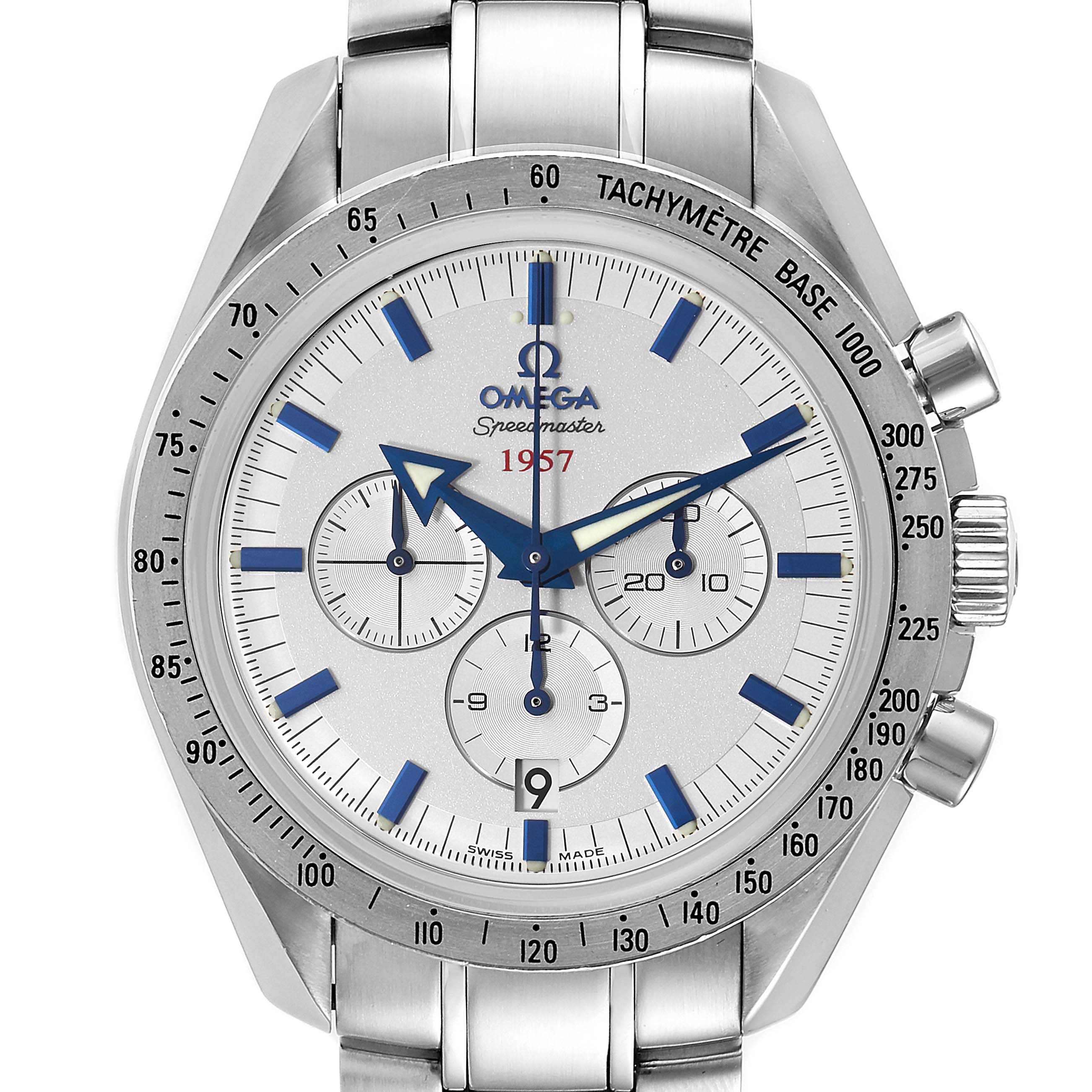 The image shows a front-facing view of an Omega Speedmaster 321.10.42.50.02.001 Men
s Stainless Steel Silver Dial 321.10.42.50.02.001 Men
s Stainless Steel Silver Dial watch, highlighting its chronograph dial and tachymeter bezel.