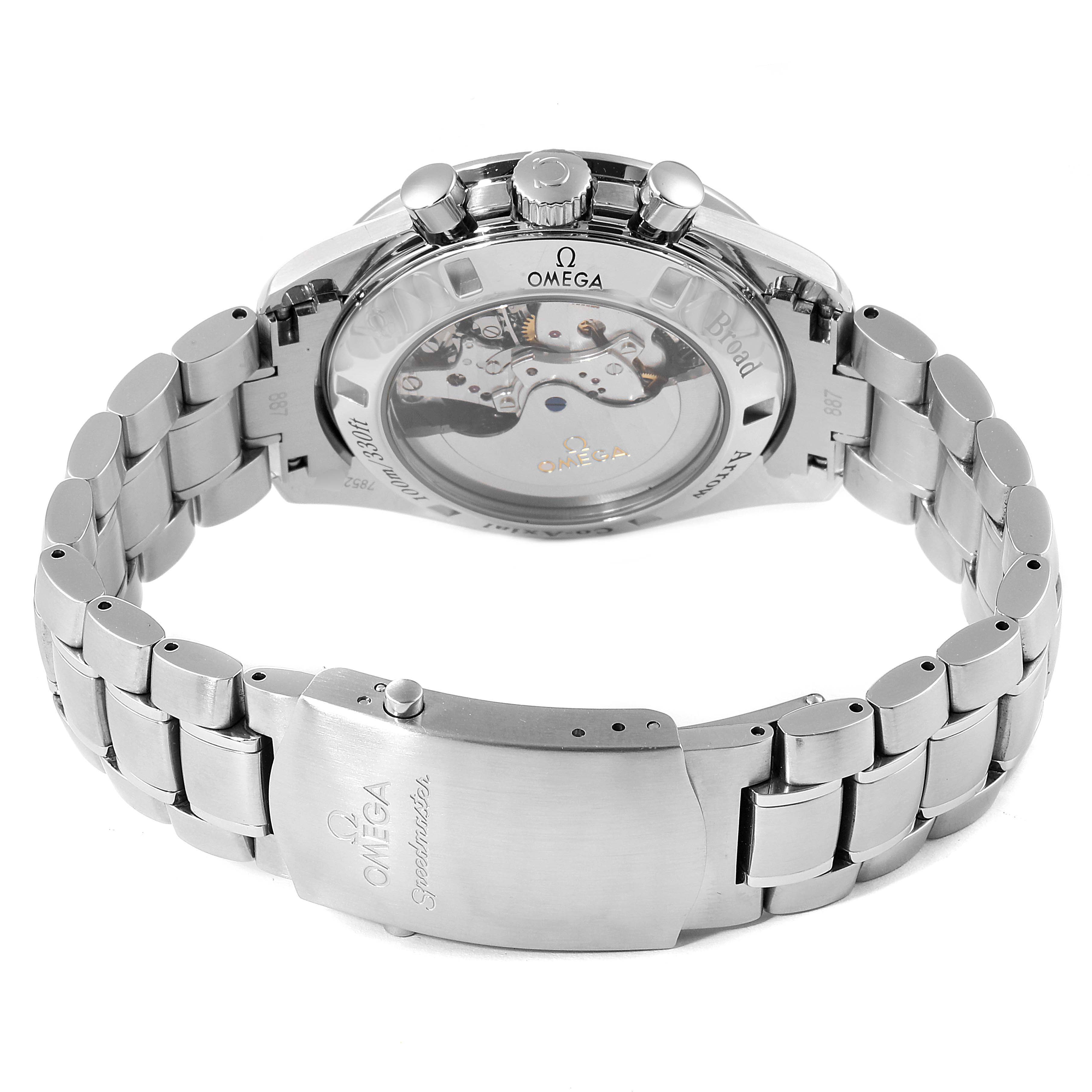 The image shows the back view of an Omega Speedmaster 321.10.42.50.02.001 Men
s Stainless Steel Silver Dial 321.10.42.50.02.001 Men
s Stainless Steel Silver Dial with a focus on the mechanical movement and clasp of the metal bracelet.