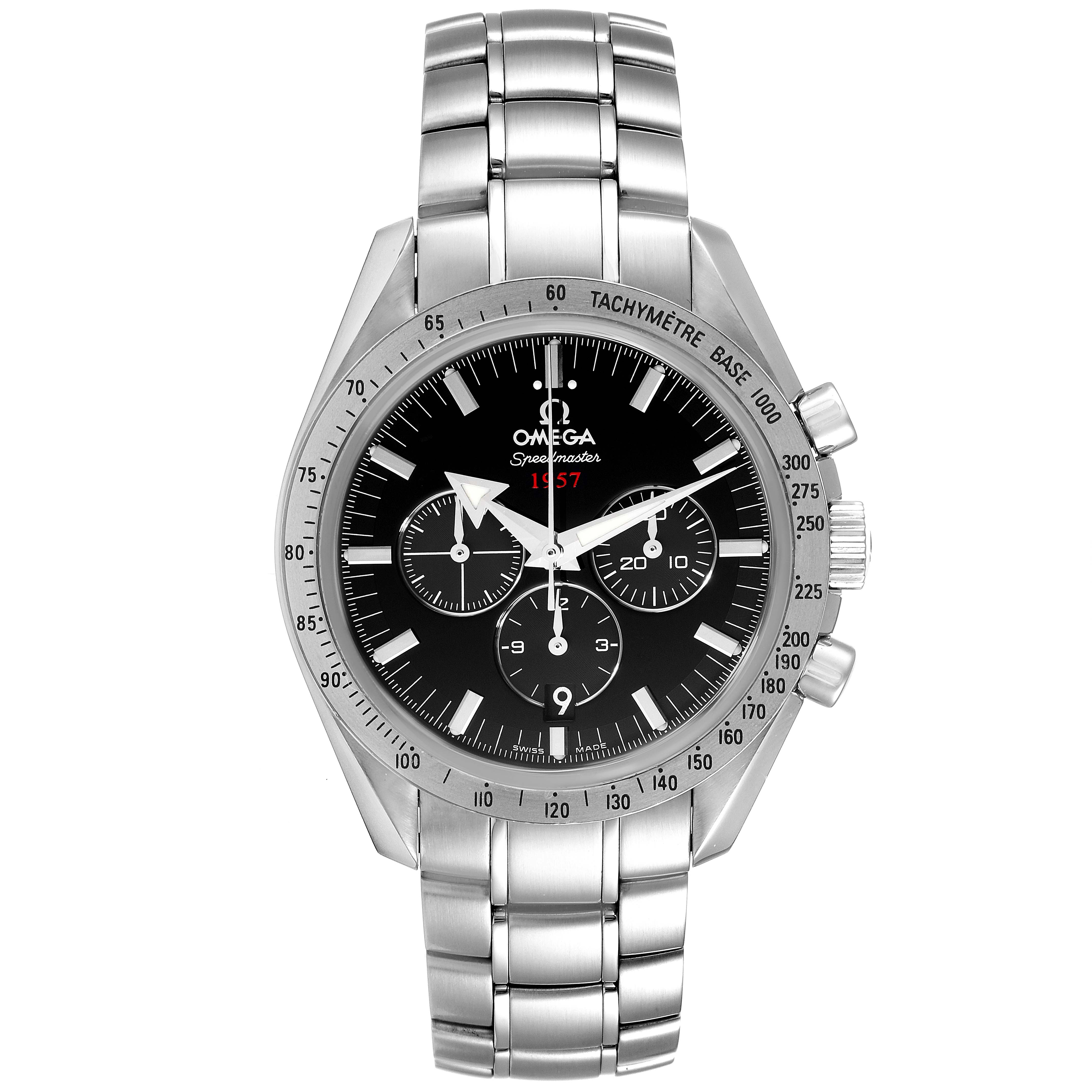 The image shows a frontal view of the Omega Speedmaster 321.10.42.50.01.001 Men
s Stainless Steel Black Dial 321.10.42.50.01.001 Men
s Stainless Steel Black Dial watch, displaying its face, bezel, and metal bracelet.