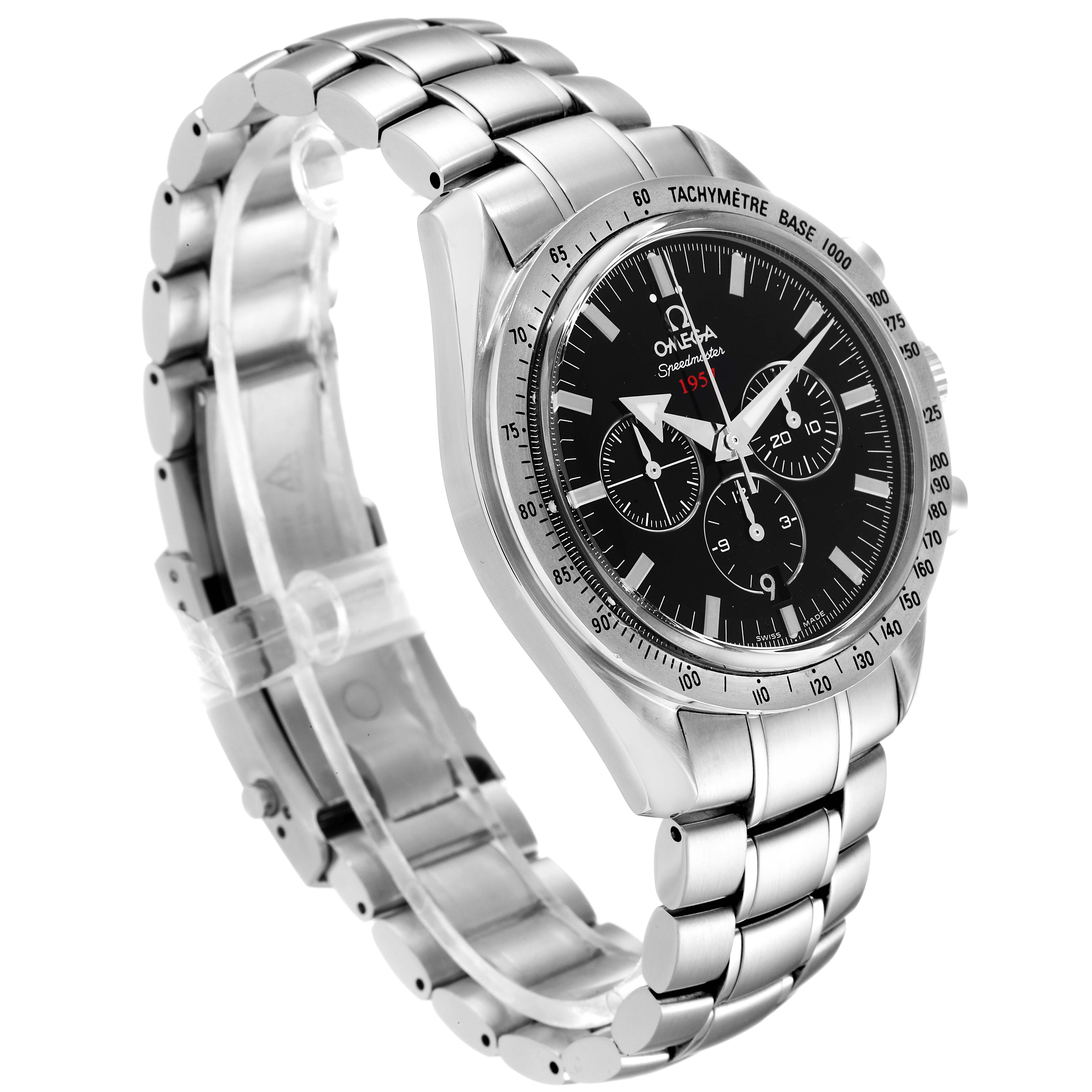 This image shows an Omega Speedmaster 321.10.42.50.01.001 Men
s Stainless Steel Black Dial 321.10.42.50.01.001 Men
s Stainless Steel Black Dial watch from a three-quarter angle, highlighting the bracelet and face with its tachymeter bezel.