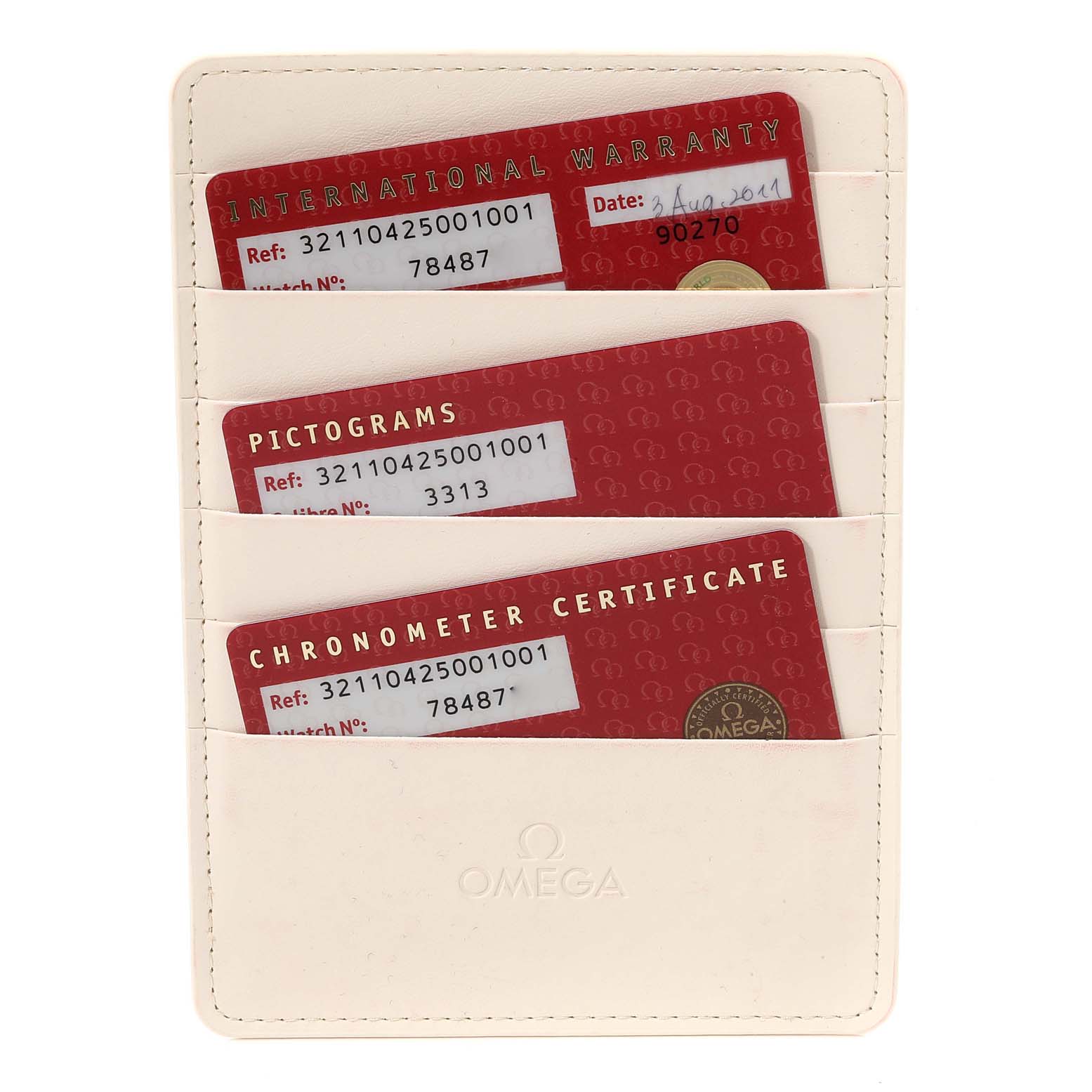 This image shows the warranty and certification cards for an Omega Speedmaster 321.10.42.50.01.001 Men
s Stainless Steel Black Dial 321.10.42.50.01.001 Men
s Stainless Steel Black Dial watch, arranged in a white cardholder.