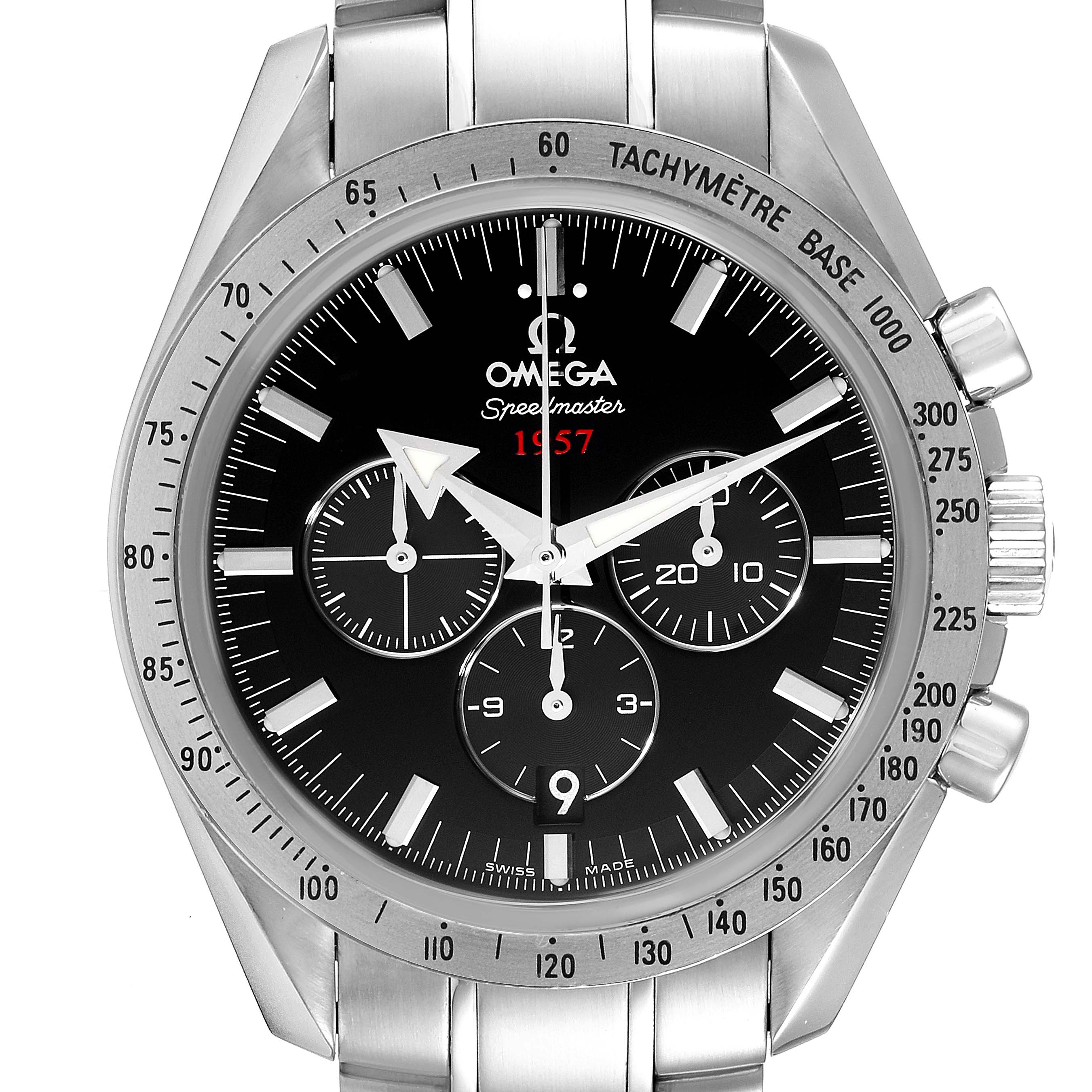 The image shows a frontal view of an Omega Speedmaster 321.10.42.50.01.001 Men
s Stainless Steel Black Dial 321.10.42.50.01.001 Men
s Stainless Steel Black Dial watch, highlighting its dial, tachymeter bezel, and stainless steel strap.