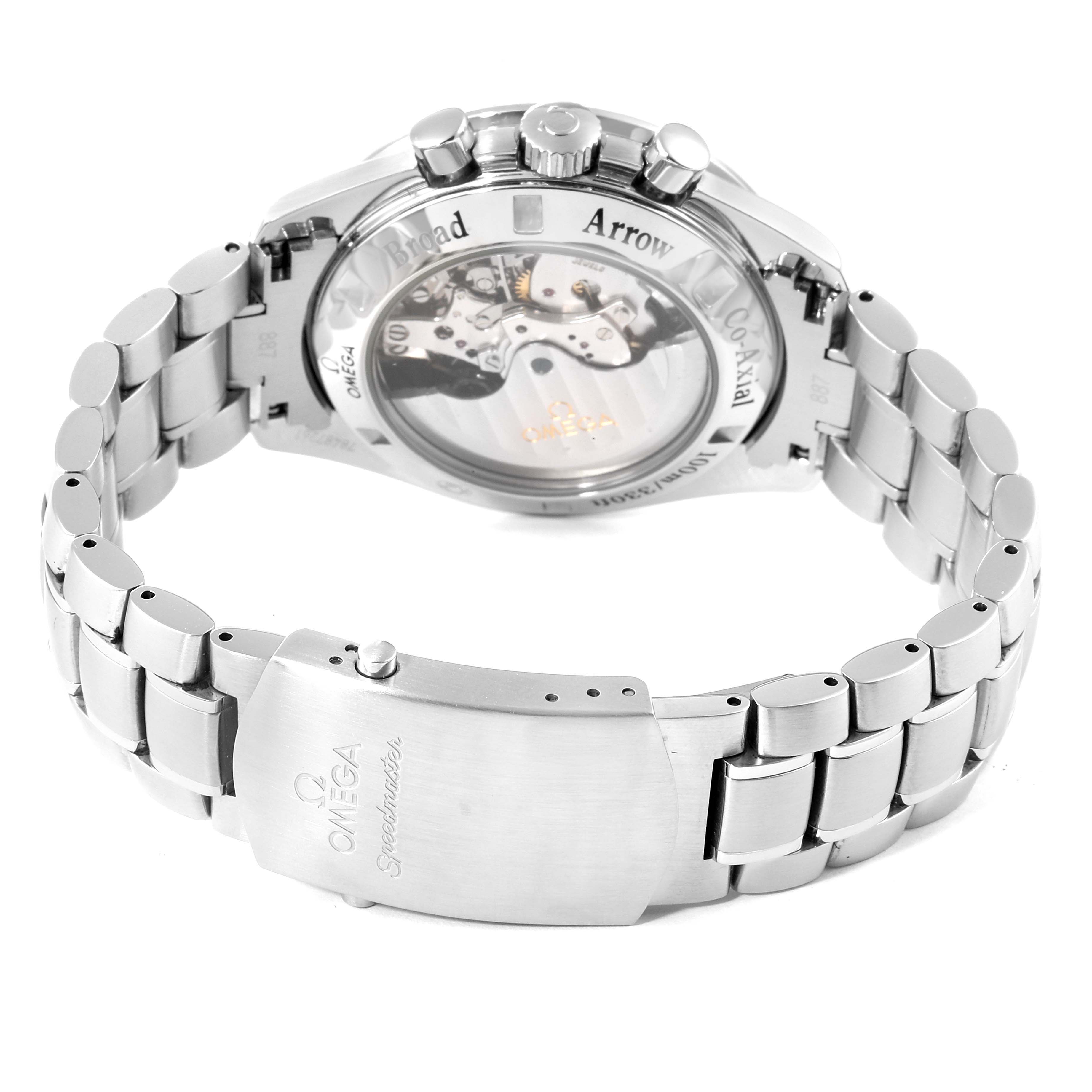 The image shows the back view of the Omega Speedmaster 321.10.42.50.01.001 Men
s Stainless Steel Black Dial 321.10.42.50.01.001 Men
s Stainless Steel Black Dial watch, highlighting its clasp and see-through case back.