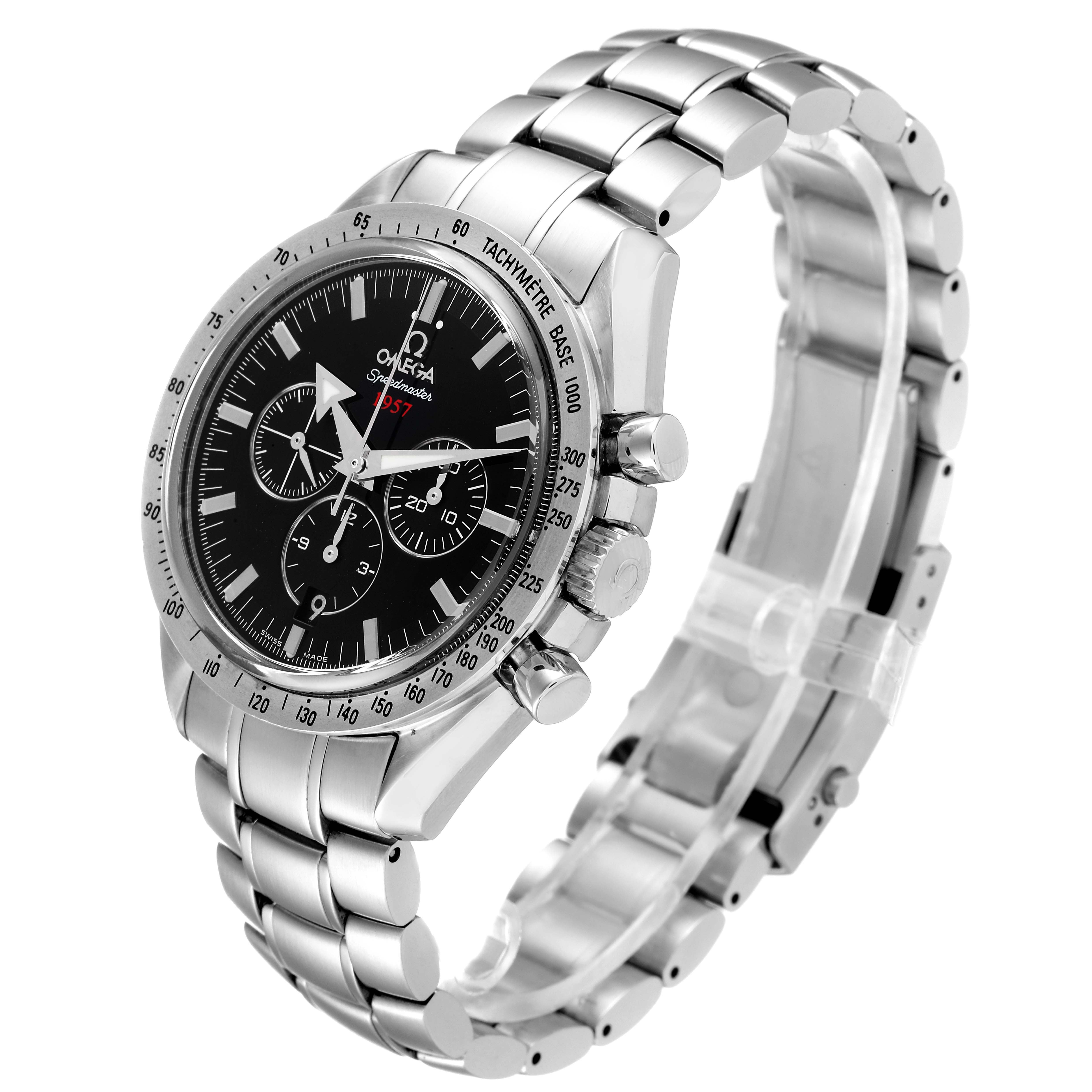 The image shows a front-side angle of the Omega Speedmaster 321.10.42.50.01.001 Men
s Stainless Steel Black Dial 321.10.42.50.01.001 Men
s Stainless Steel Black Dial watch, highlighting its face, bezel, dial, and metal bracelet.