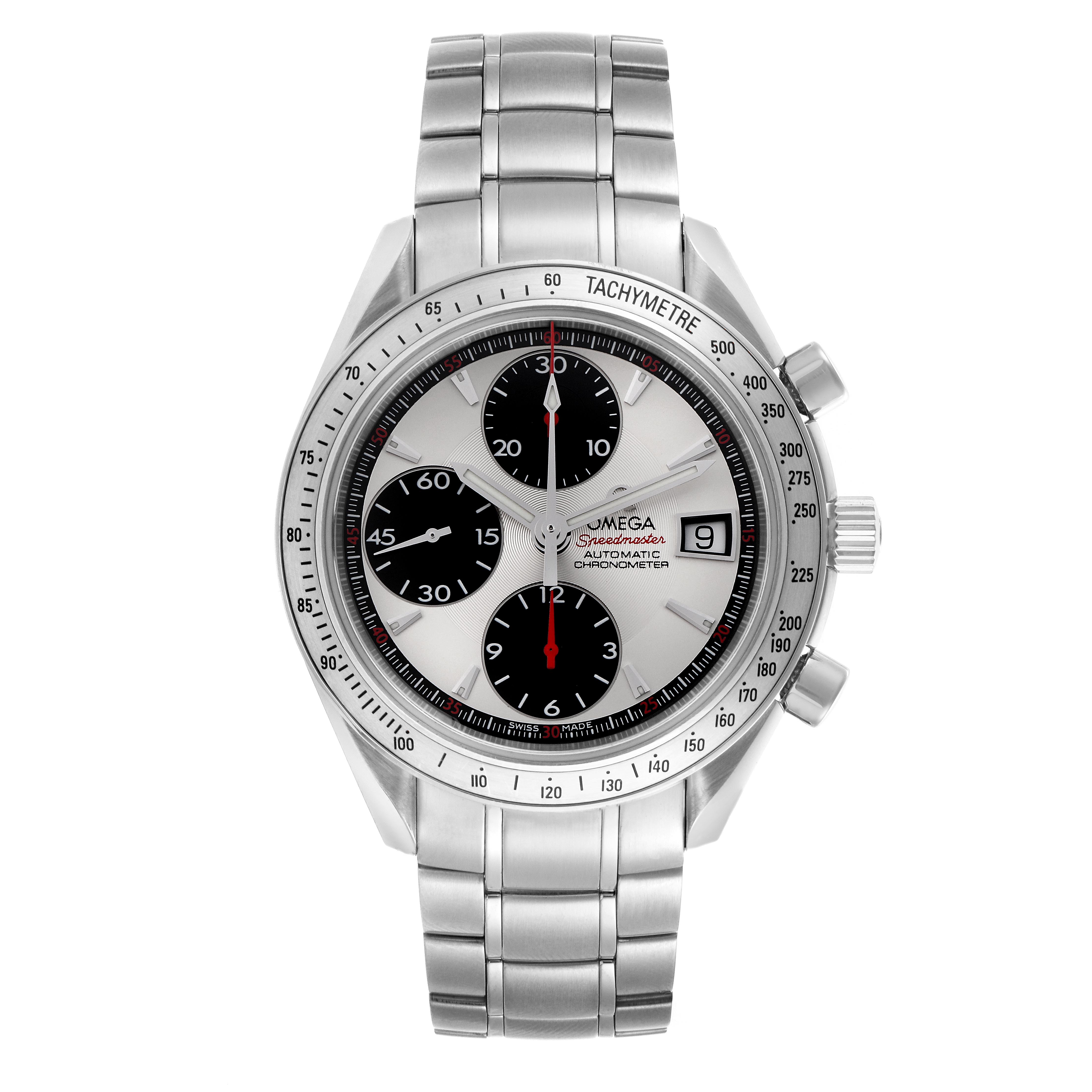 The Omega Speedmaster 3211.31.00 Men
s Stainless Steel Silver Dial watch is shown from the front, displaying its face, tachymetre bezel, subdials, and metal bracelet.