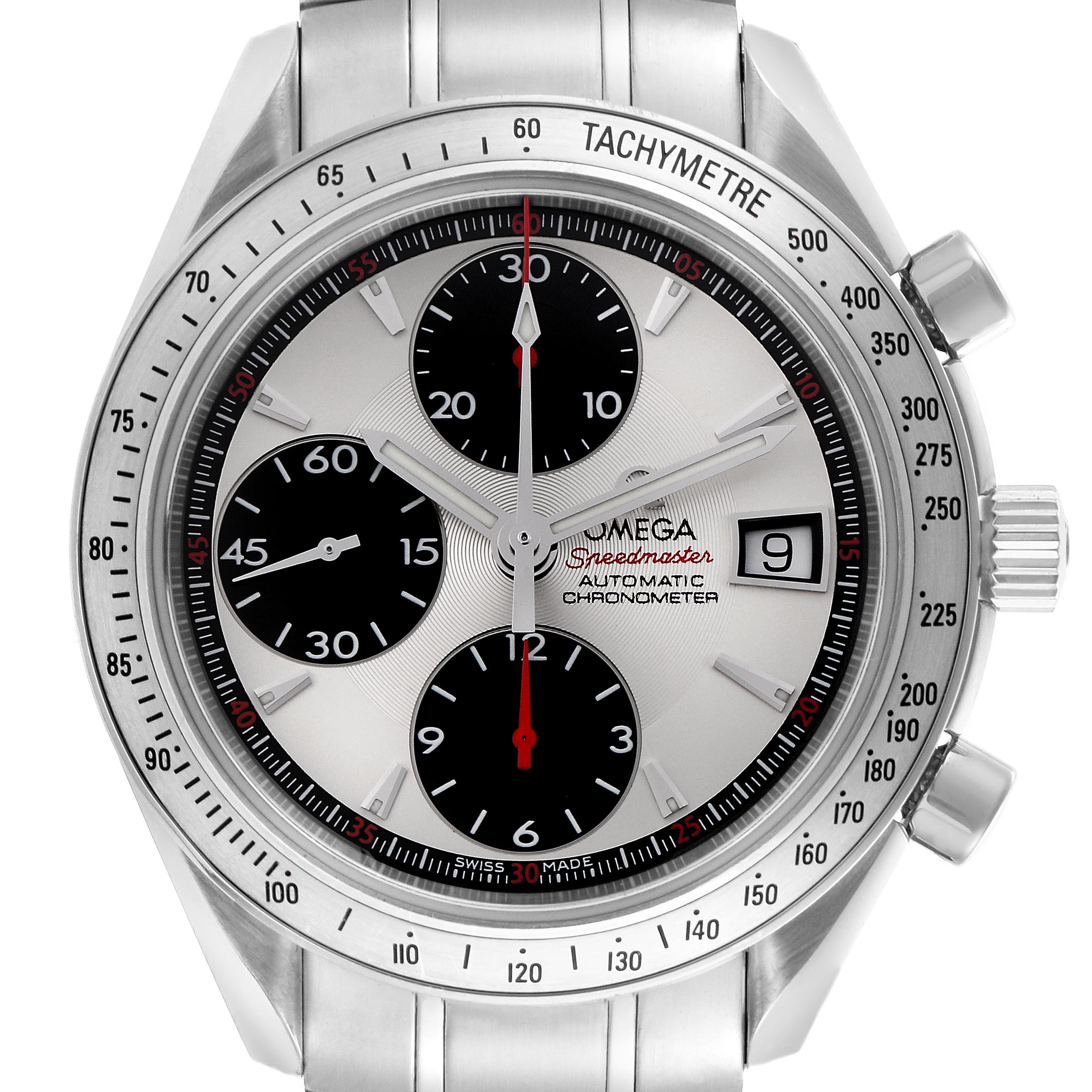 The Omega Speedmaster 3211.31.00 Men
s Stainless Steel Silver Dial watch is shown from the front, highlighting its dial, chronograph subdials, tachymeter bezel, and metal bracelet.