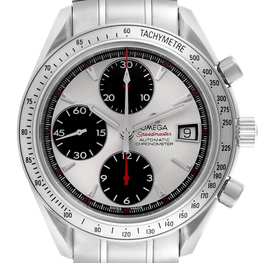 The Omega Speedmaster 3211.31.00 Men's Stainless Steel Silver Dial watch is shown from the front, highlighting its dial, chronograph subdials, tachymeter bezel, and metal bracelet.