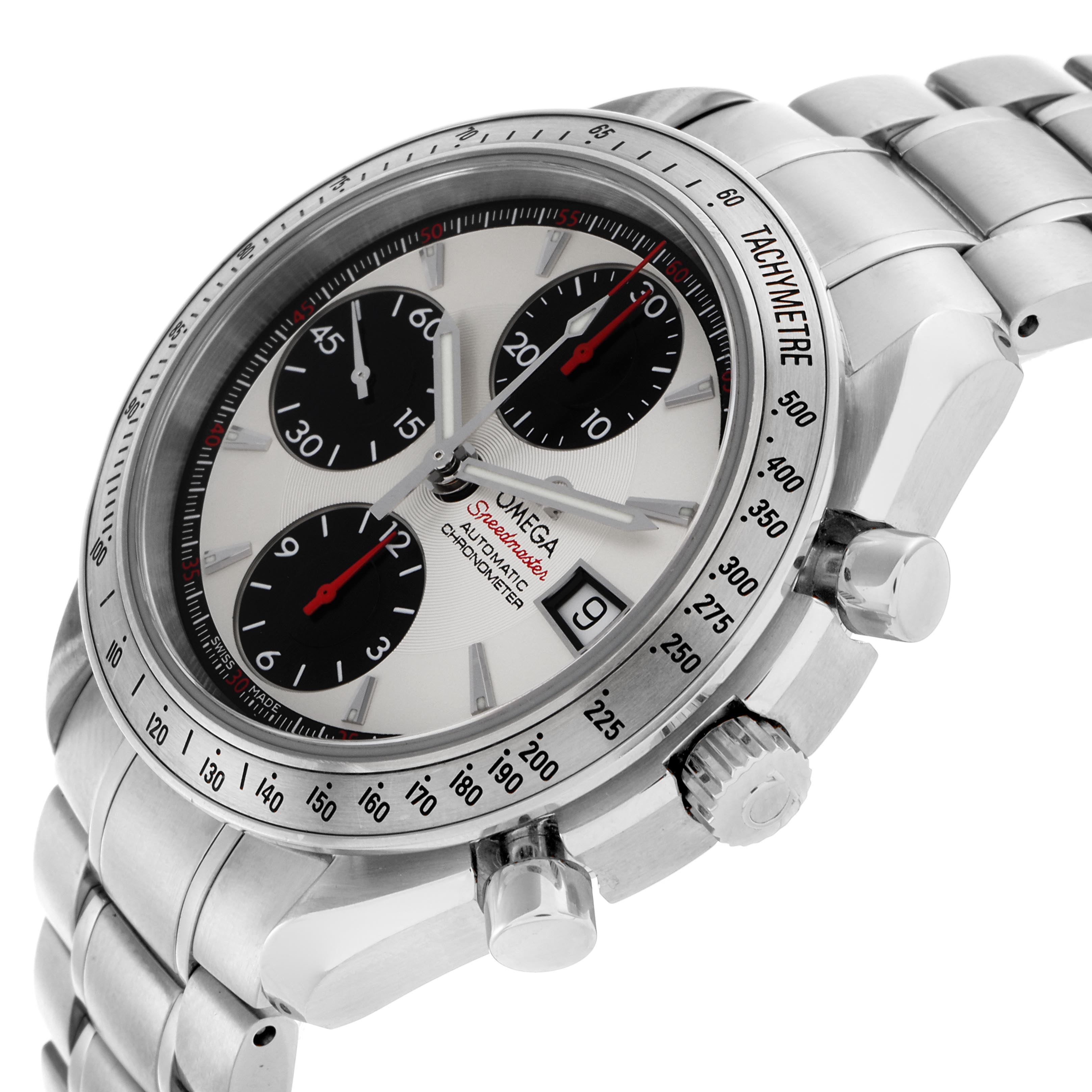 The Omega Speedmaster 3211.31.00 Men
s Stainless Steel Silver Dial is shown from a side angle highlighting the bezel, chronograph dials, pushers, and bracelet.