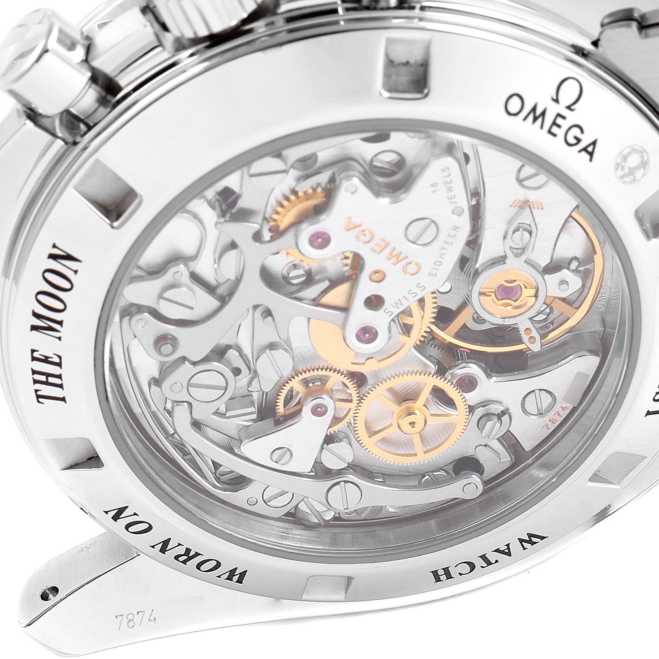 The image shows the back of an Omega Speedmaster 311.30.42.30.01.006 Men's Stainless Steel Black Dial 311.30.42.30.01.006 Men's Stainless Steel Black Dial, showcasing its intricate mechanical movement.