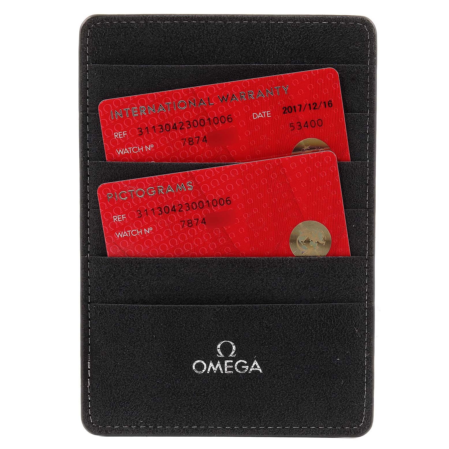 This image shows an Omega Speedmaster 311.30.42.30.01.006 Men's Stainless Steel Black Dial 311.30.42.30.01.006 Men's Stainless Steel Black Dial model's black warranty cardholder with international warranty and pictogram cards.