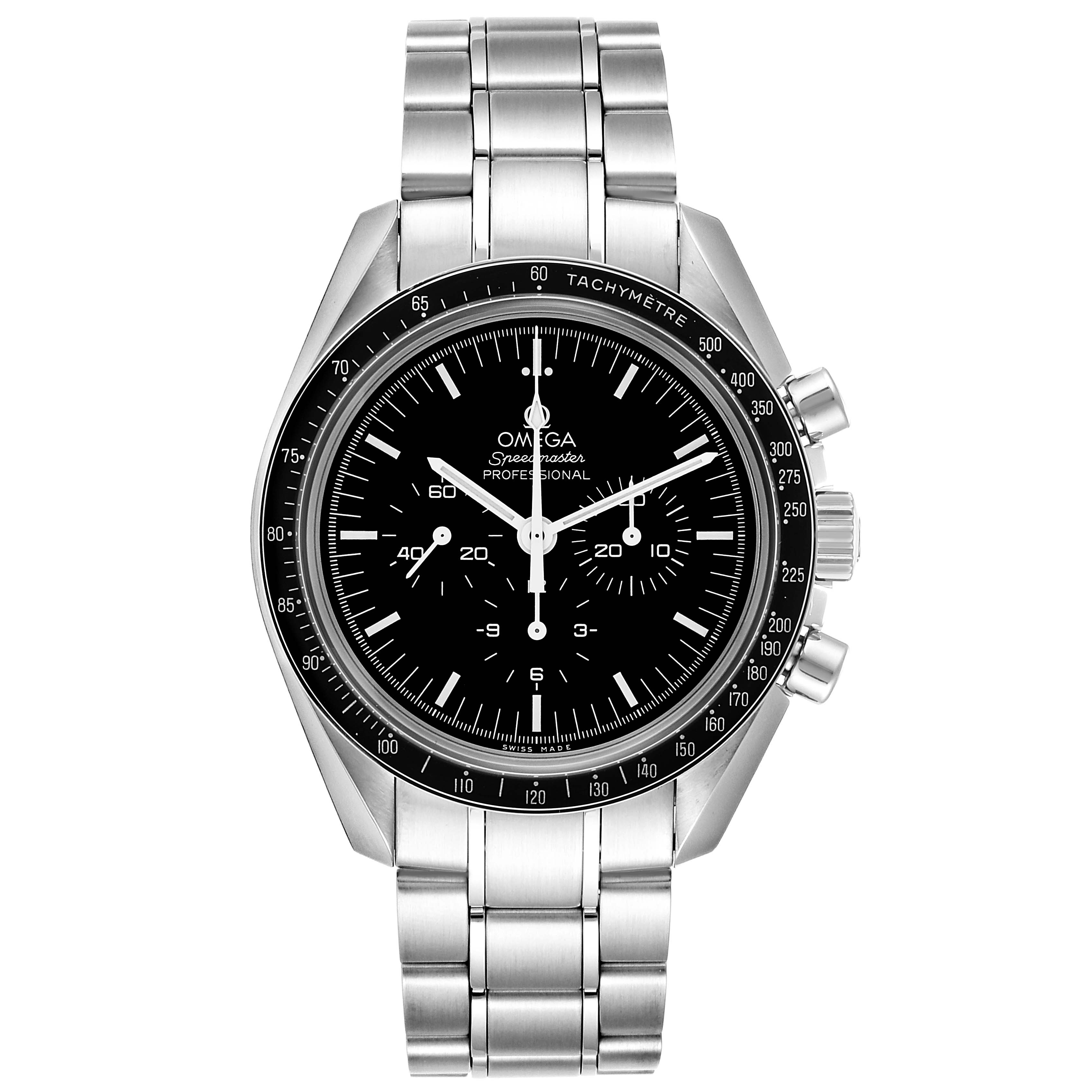 The Omega Speedmaster 311.30.42.30.01.006 Men's Stainless Steel Black Dial 311.30.42.30.01.006 Men's Stainless Steel Black Dial watch is shown from the front, displaying its face, bezel, pushers, and bracelet.