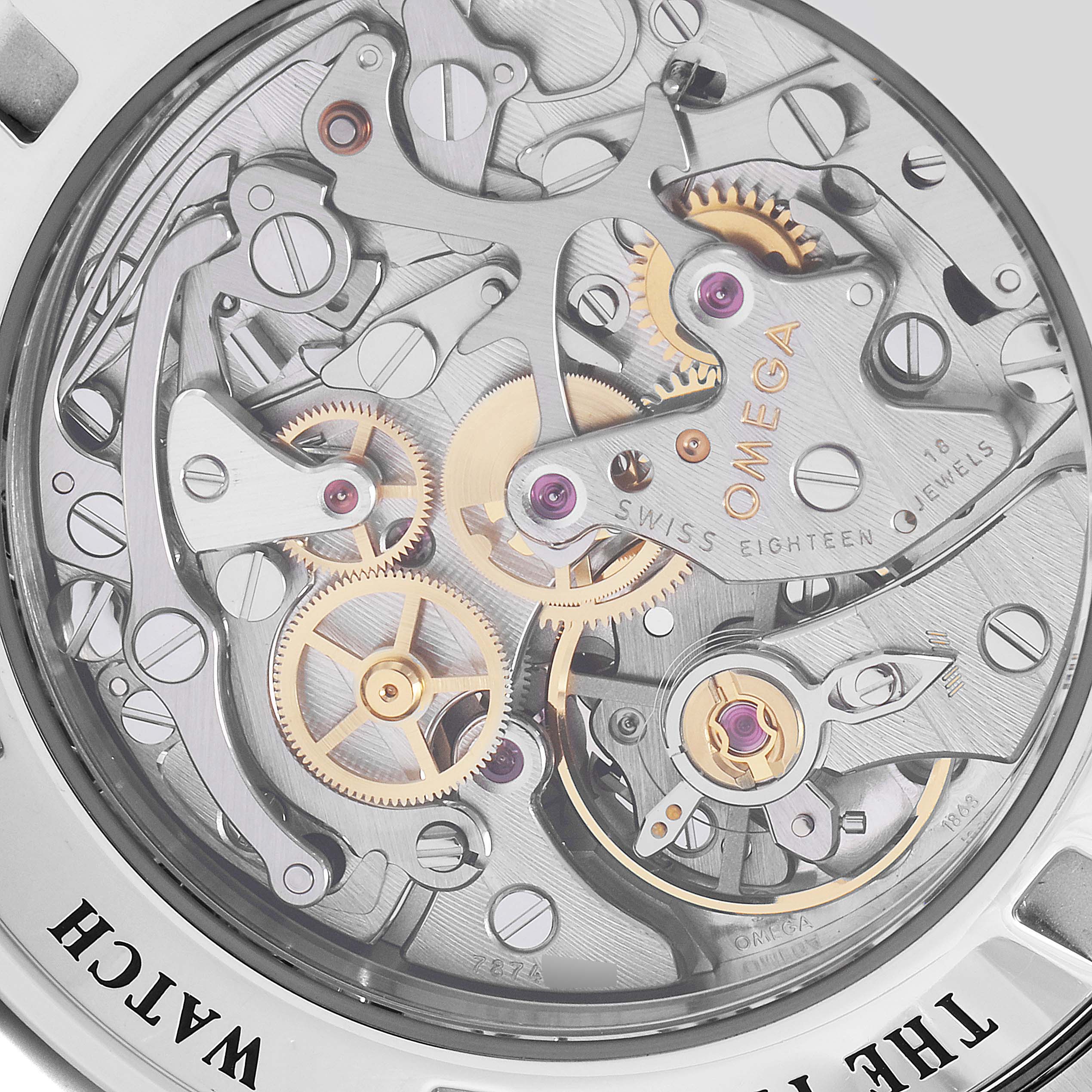 The image shows the intricate movement and internal mechanisms of an Omega Speedmaster 311.30.42.30.01.006 Men's Stainless Steel Black Dial 311.30.42.30.01.006 Men's Stainless Steel Black Dial watch from the backside.